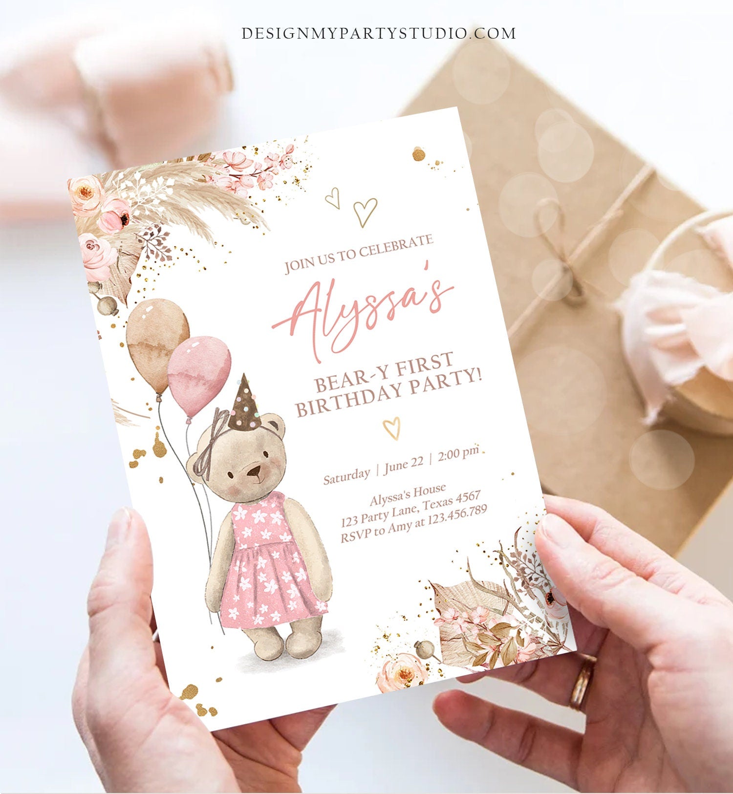 Editable Cute Teddy Bear 1st Birthday Invitation Girl Boho Teddy Bear Picnic Summer Beary First One Printable Digital Corjl Template 0421