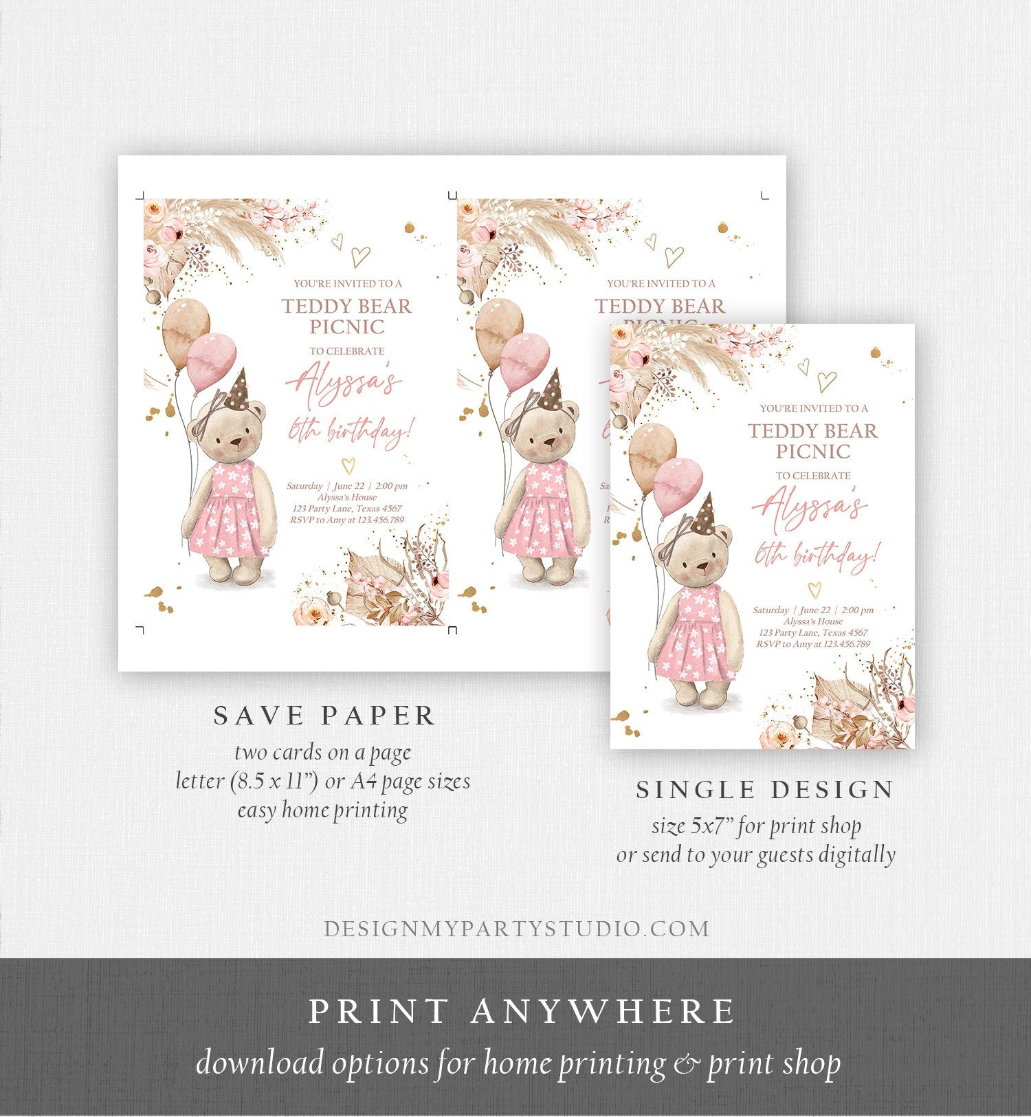 Editable Teddy Bear Picnic Birthday Invitation Girl Pink Boho Bear Picnic Summer Outdoor Party Printable Digital Corjl Template 0421