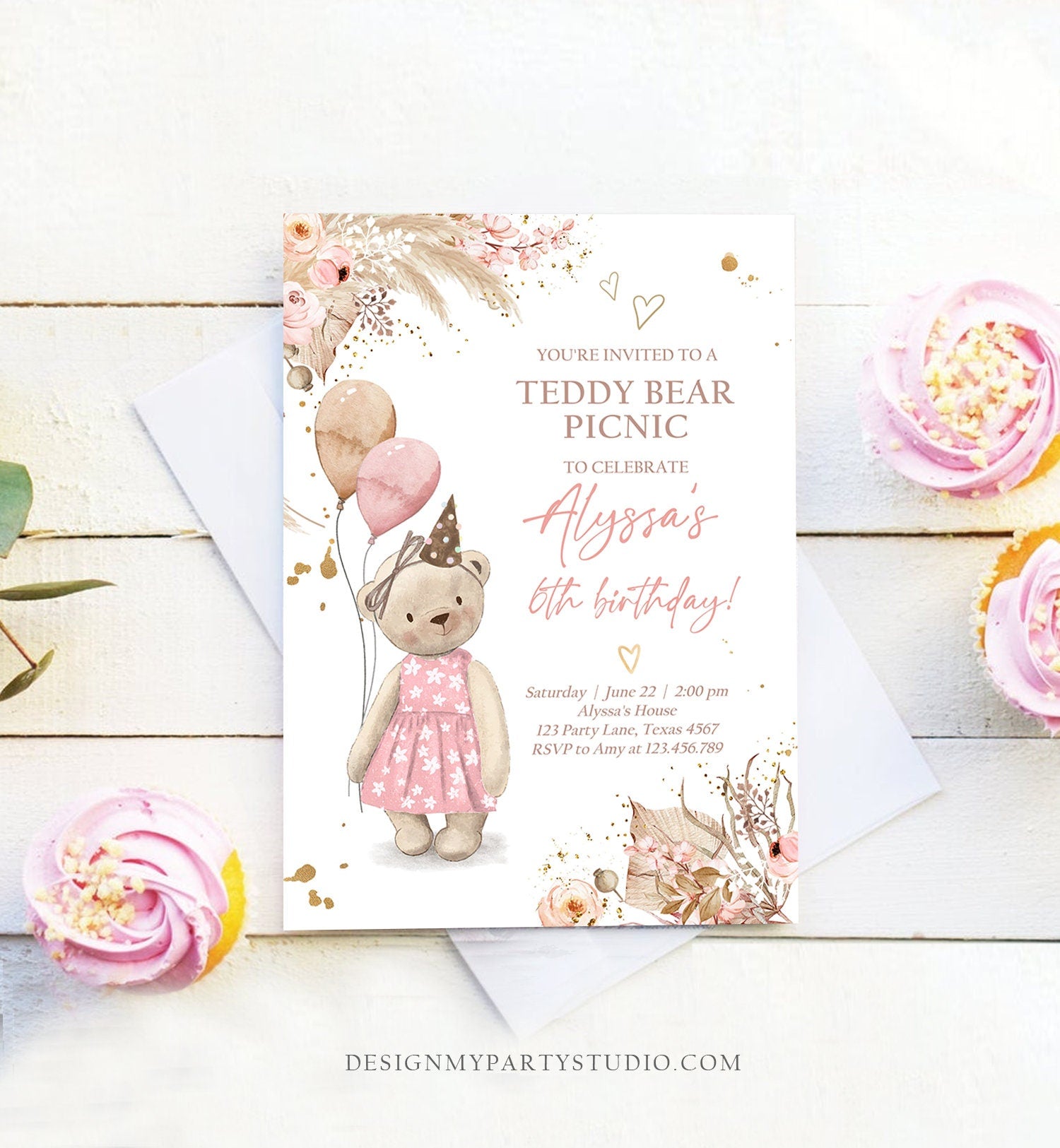 Editable Teddy Bear Picnic Birthday Invitation Girl Pink Boho Bear Picnic Summer Outdoor Party Printable Digital Corjl Template 0421