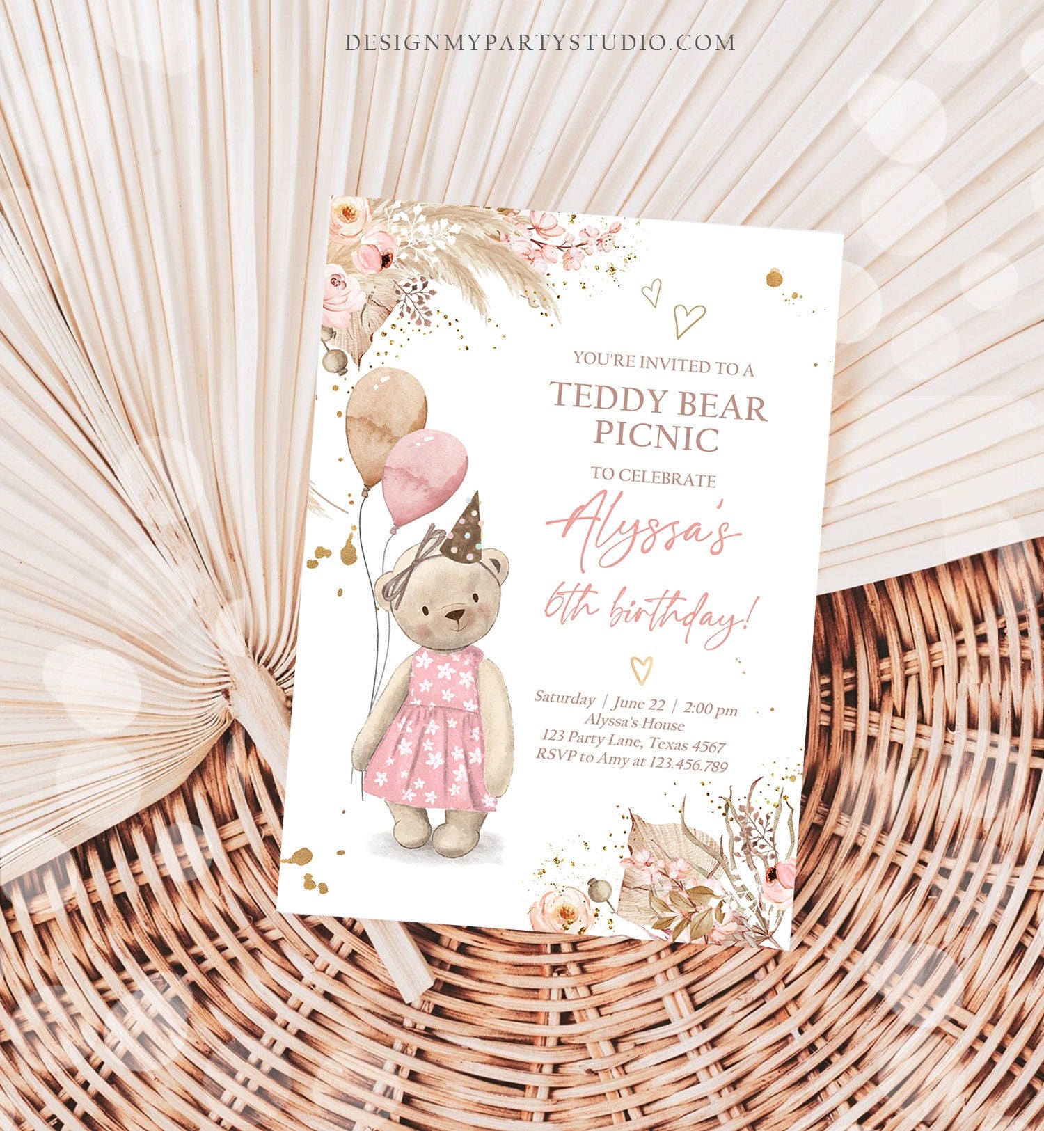 Editable Teddy Bear Picnic Birthday Invitation Girl Pink Boho Bear Picnic Summer Outdoor Party Printable Digital Corjl Template 0421