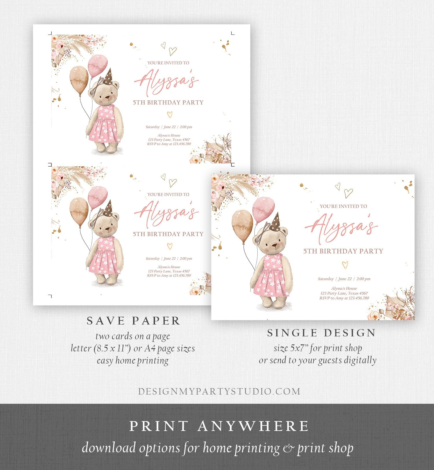 Editable Cute Teddy Bear Birthday Invitation Girl Boho Teddy Bear Picnic Summer Pampas Grass Pink Printable Digital Corjl Template 0421