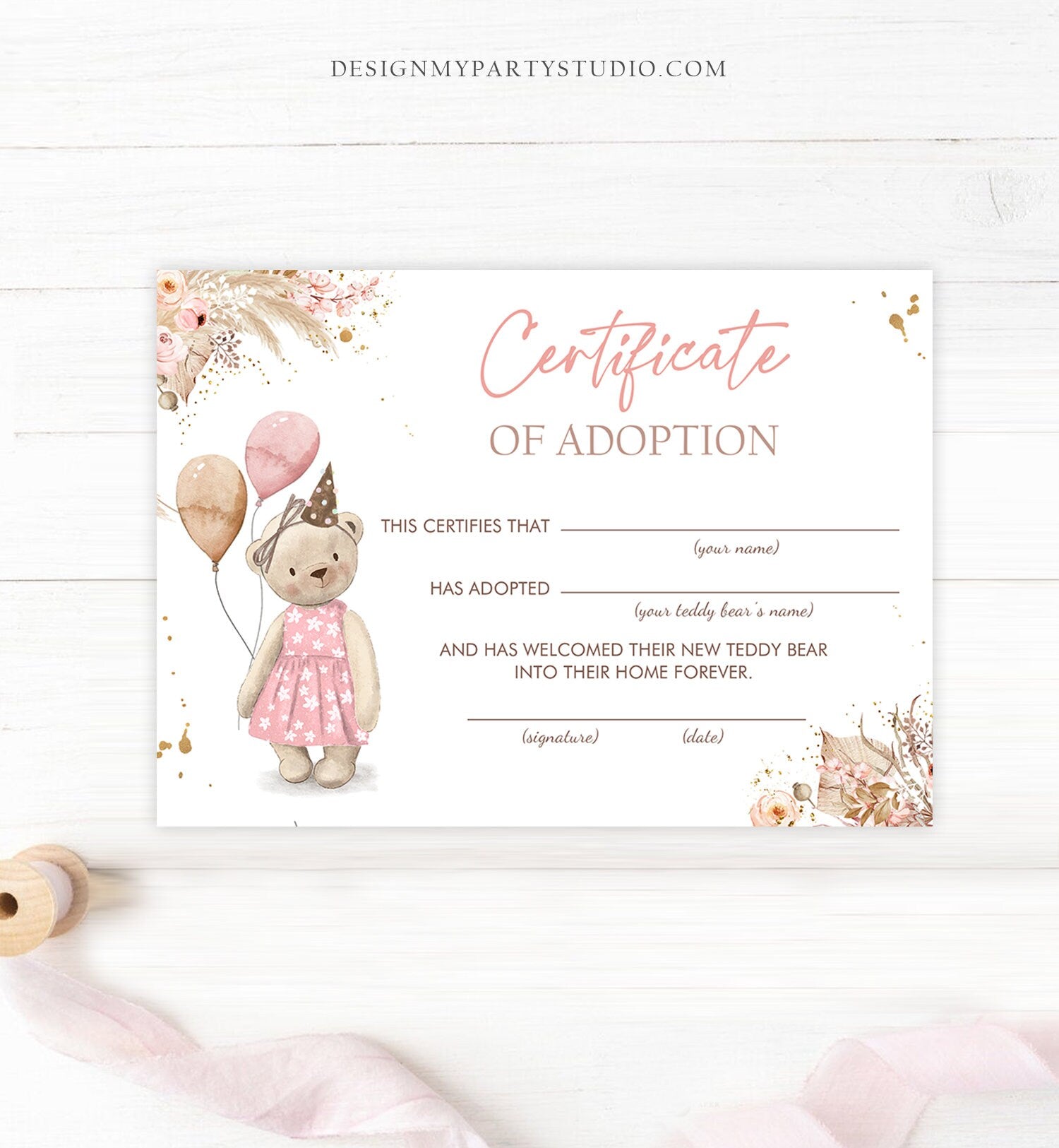 Teddy Bear Adoption Certificate Teddy Bear Birthday Boho Teddy Bear Picnic Girl Pink Adopt a Teddy Favors Download Digital PRINTABLE 0421