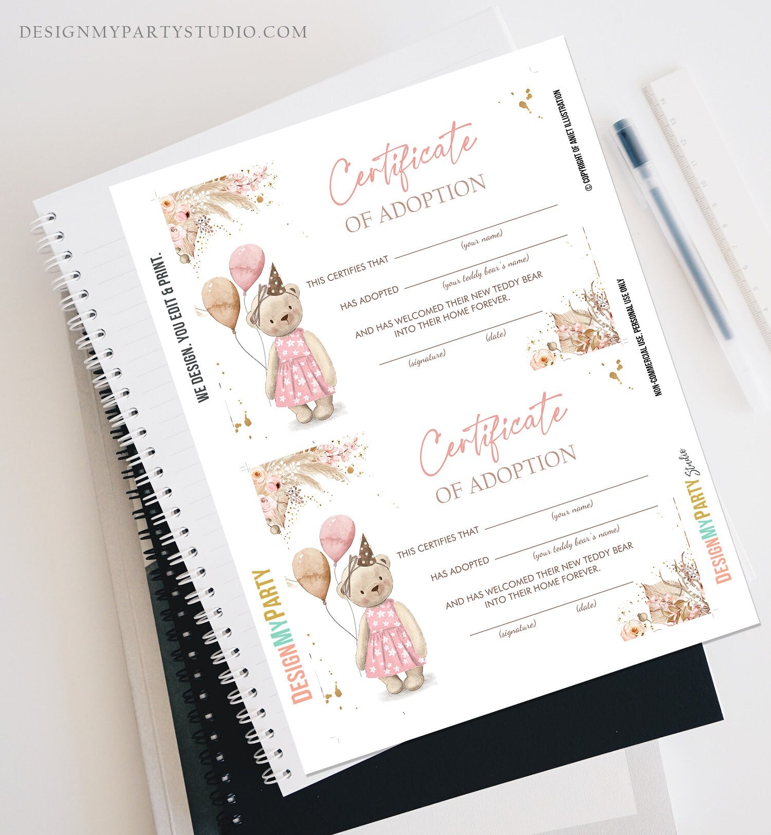 Teddy Bear Adoption Certificate Teddy Bear Birthday Boho Teddy Bear Picnic Girl Pink Adopt a Teddy Favors Download Digital PRINTABLE 0421