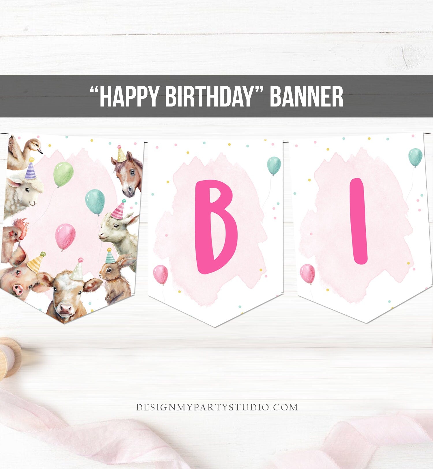 Happy Birthday Banner Pink Farm Birthday Banner Farm Animals Girl Barnyard Birthday Decor Party Animals Download PRINTABLE DIGITAL DIY 0448