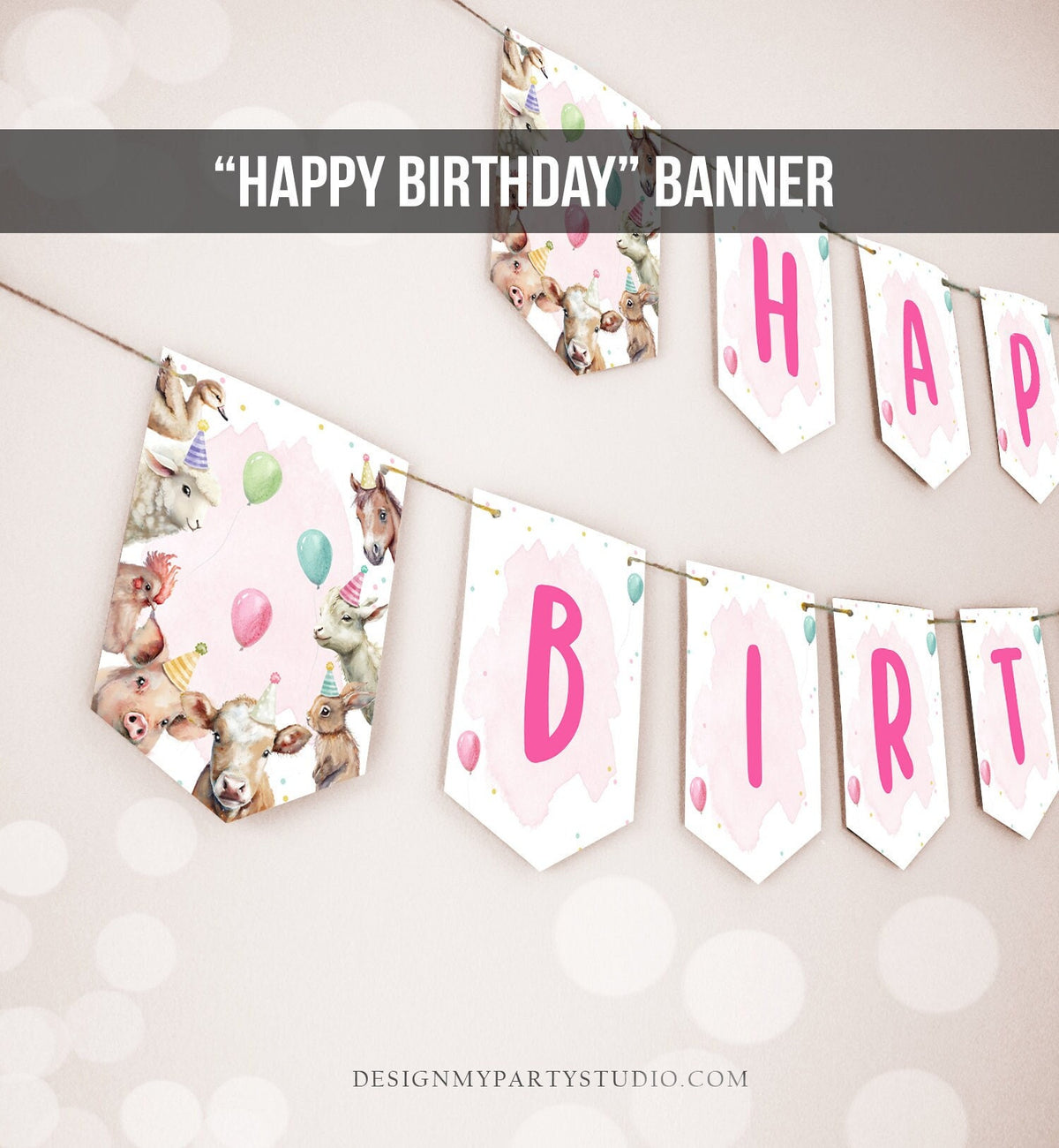 Happy Birthday Banner Pink Farm Birthday Banner Farm Animals Girl Barnyard Birthday Decor Party Animals Download Printable Digital DIY 0448