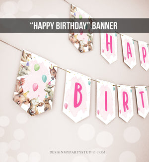 Happy Birthday Banner Pink Farm Birthday Banner Farm Animals Girl Barnyard Birthday Decor Party Animals Download PRINTABLE DIGITAL DIY 0448