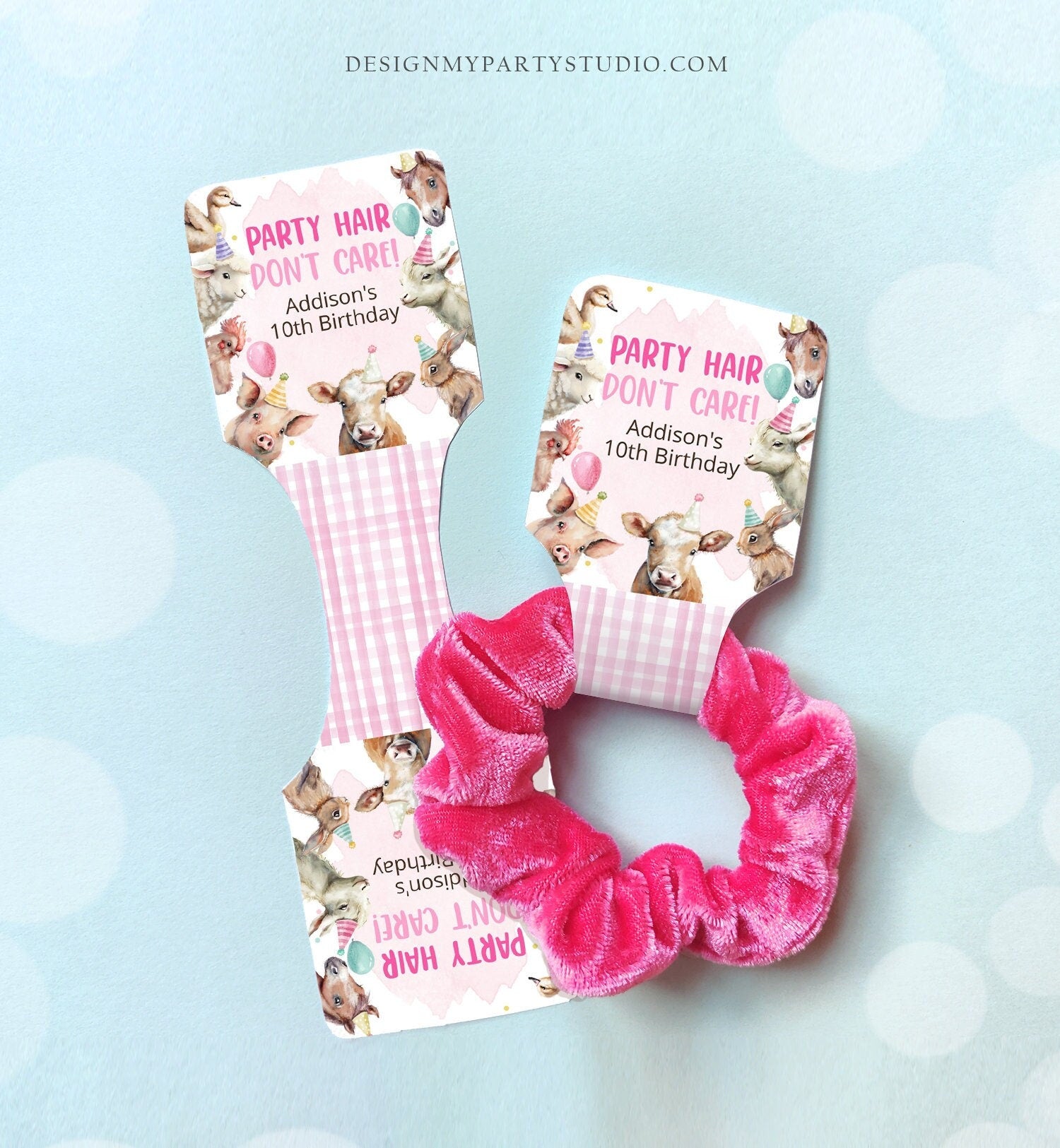 Editable Party Animals Birthday Favors Farm Animals Favors Hair Band Party Hair Farm Favors Barnyard Pink Template Printable Corjl 0448