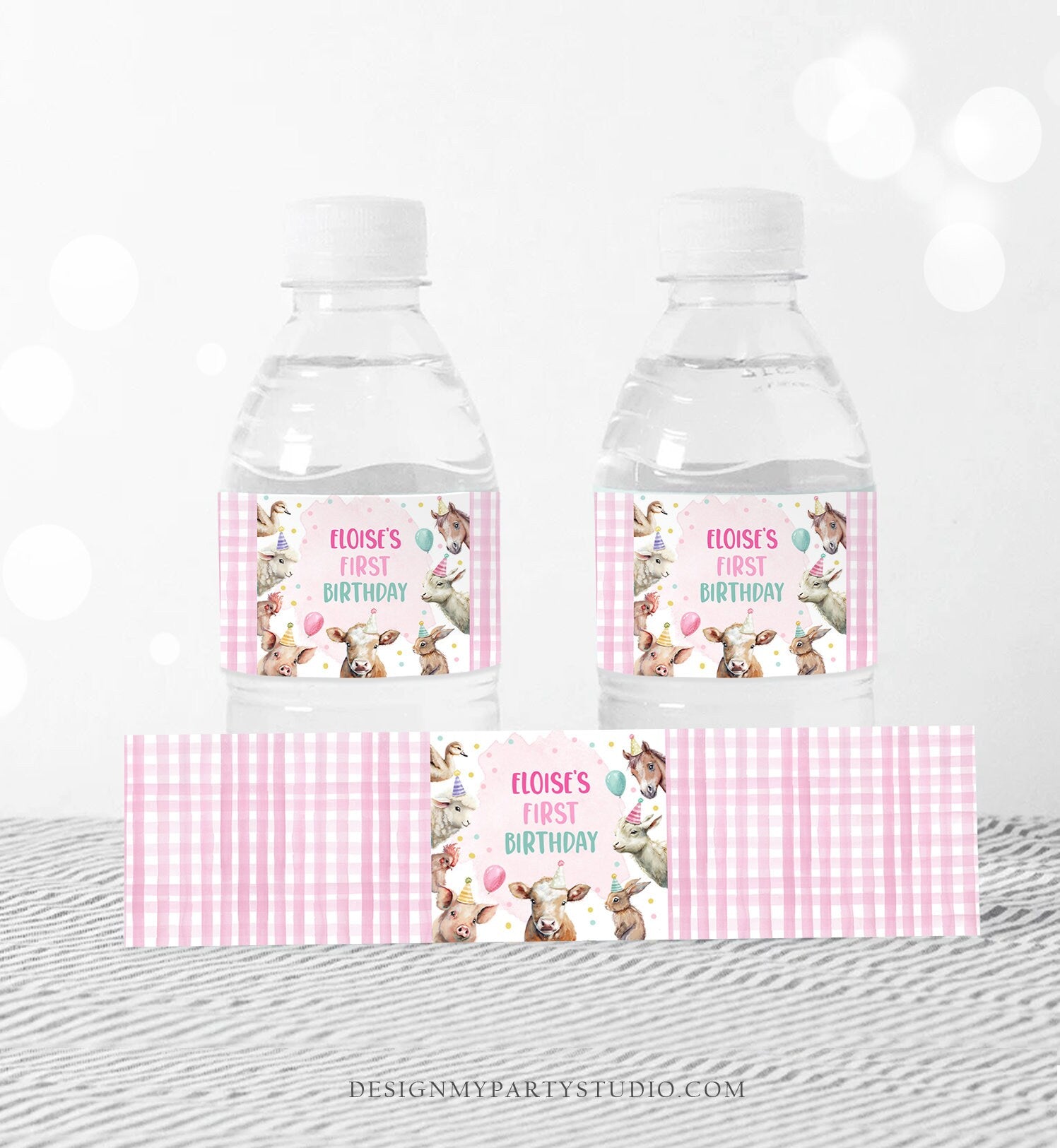 Editable Water Bottle Labels Farm Animals Girl Birthday Barnyard Farm Birthday Decor Party Animals Printable Wrappers Template Corjl 0448