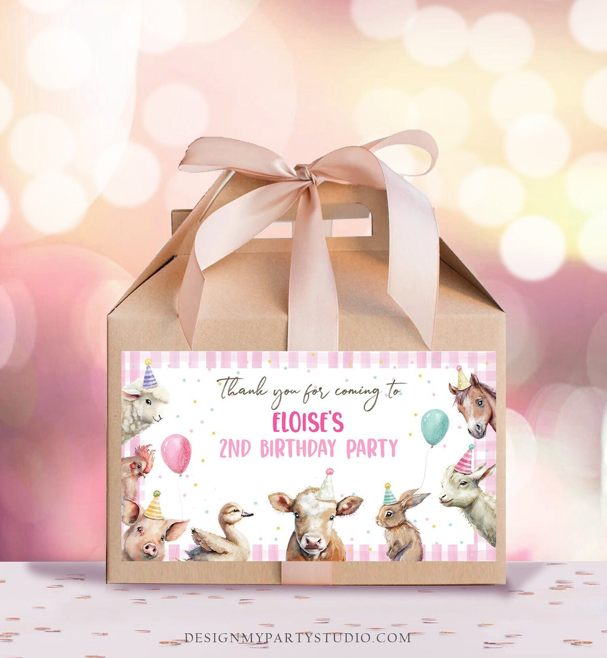 Editable Farm Animals Gable Gift Box Label Pink Farm Birthday Girl Treat Box Label Party Animals Barnyard Party Digital Printable Corjl 0448