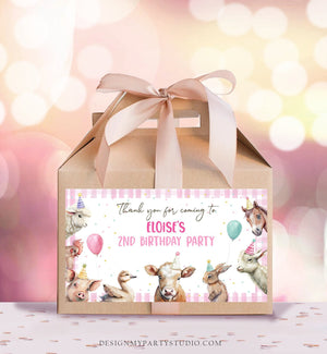 Editable Farm Animals Gable Gift Box Label Pink Farm Birthday Girl Treat Box Label Party Animals Barnyard Party Digital Printable Corjl 0448