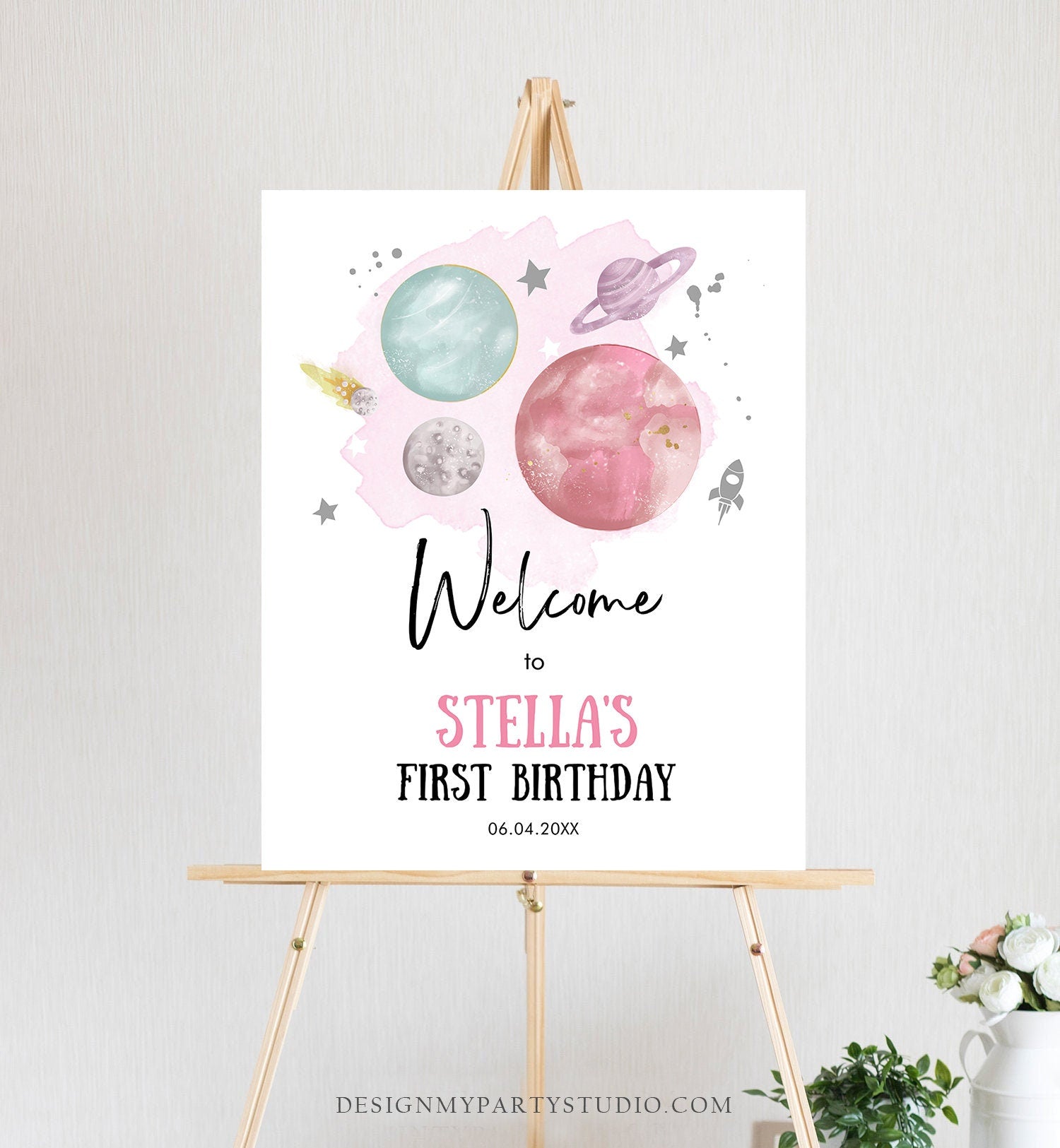 Editable Outer Space Birthday Welcome Sign 1st Birthday Girl Pink Galaxy Planets Trip Around the Sun Silver Digital Template Printable 0357