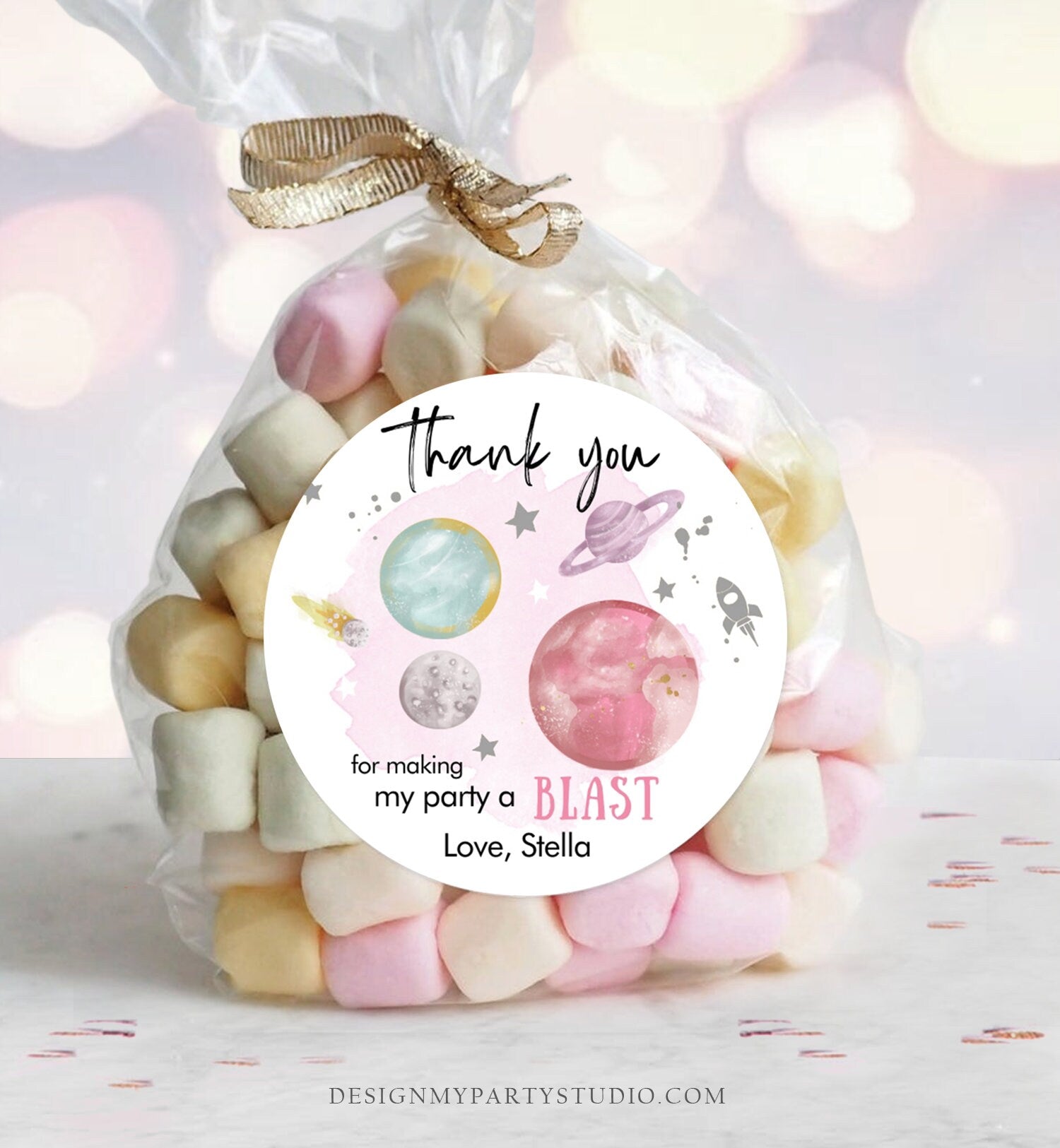 Editable Outer Space Favor Tags Space Birthday Thank you Sticker Galaxy Tag Silver Trip Around the Sun Planets Template Corjl PRINTABLE 0357