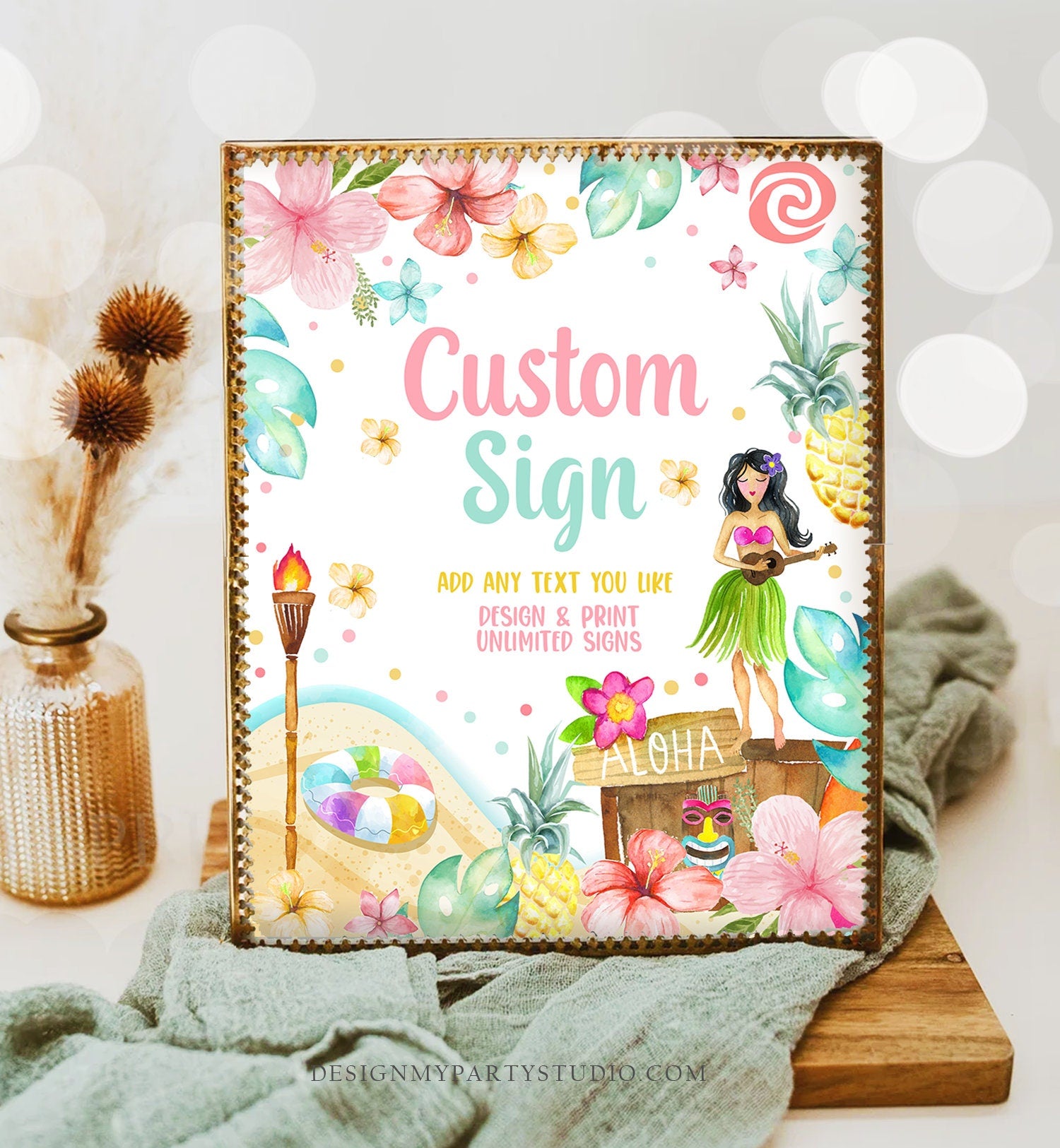 Editable Custom Sign Luau Birthday Decor Hawaiian Party Sign Table Sign Girl Tropical Aloha Pool Party 8x10 Corjl Template Printable 0413