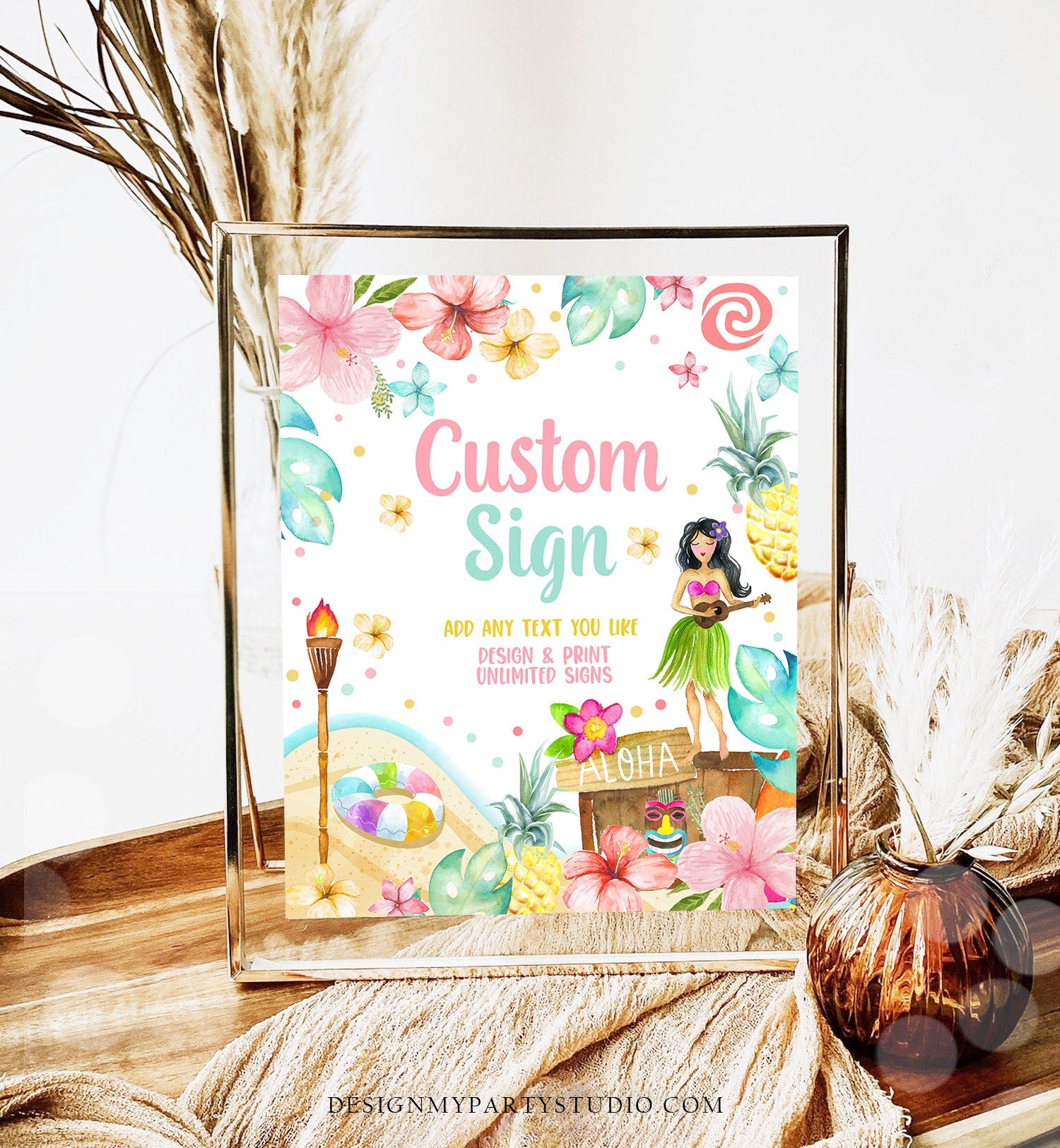 Editable Custom Sign Luau Birthday Decor Hawaiian Party Sign Table Sign Girl Tropical Aloha Pool Party 8x10 Corjl Template Printable 0413