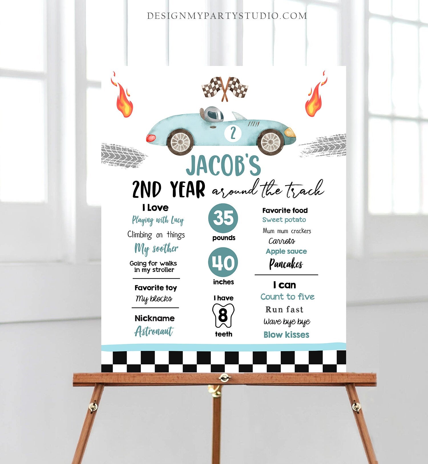 Editable Racing Birthday Milestones Sign Growing Up Two Fast Boy 2nd Year Around the Track Race Car ANY AGE Template Printable Corjl 0424