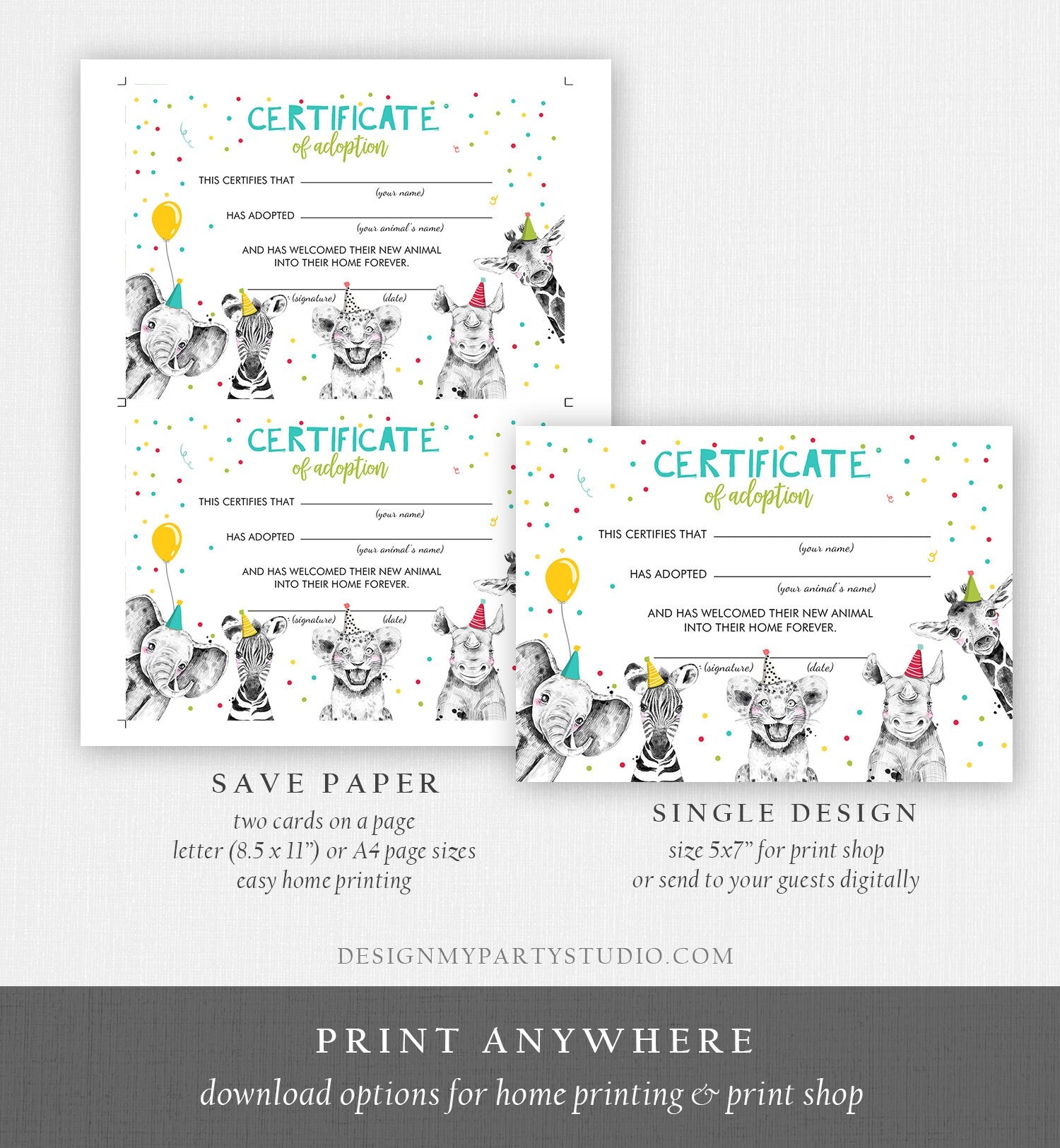 Adopt an Animal Adoption Certificate Safari Animals Adoption Wild One Birthday Party Animals Birthday Boy Digital Download Printable 0390