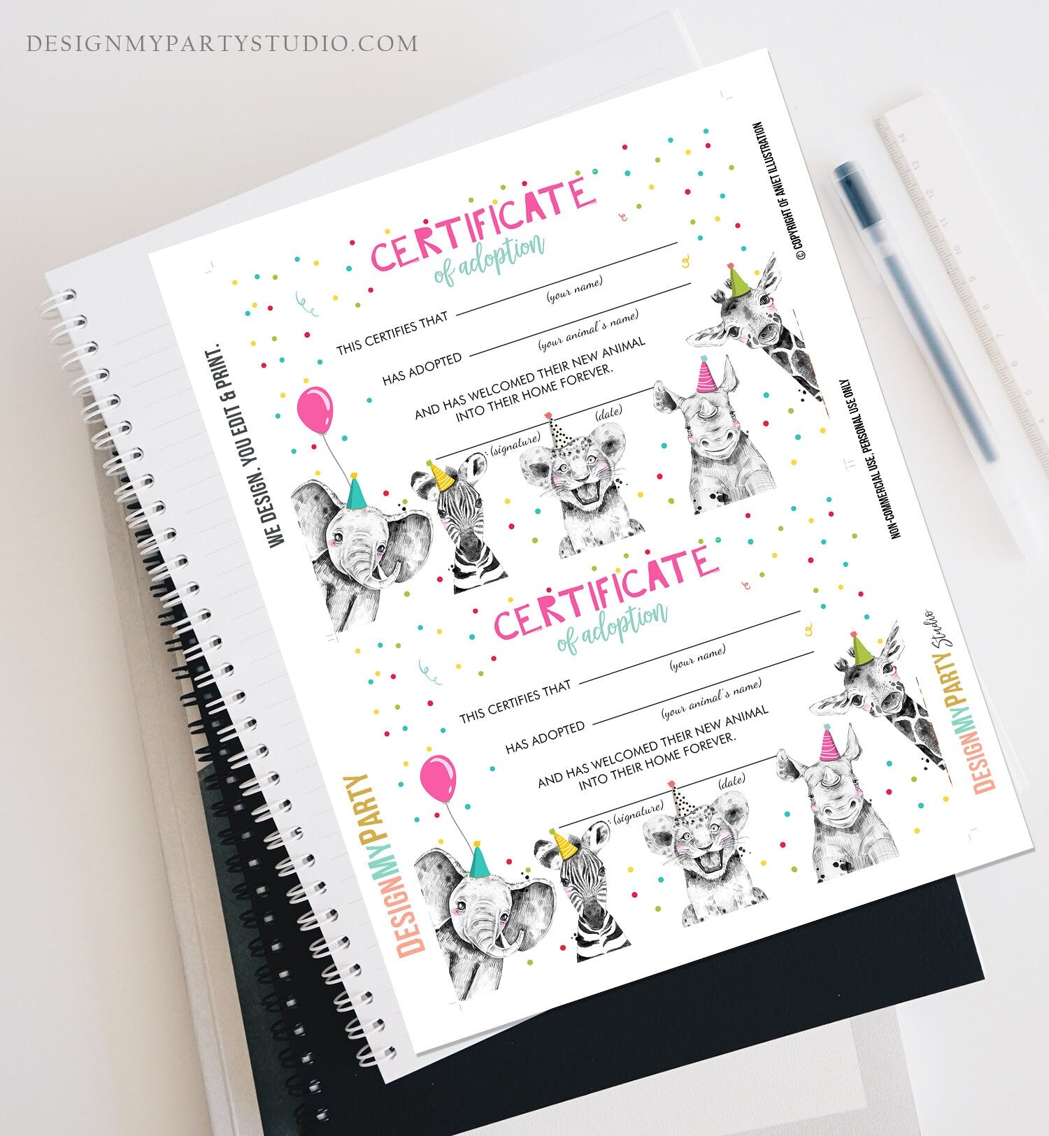 Adopt an Animal Adoption Certificate Safari Animals Adoption Wild One Birthday Party Animals Birthday Girl Download Digital PRINTABLE 0390