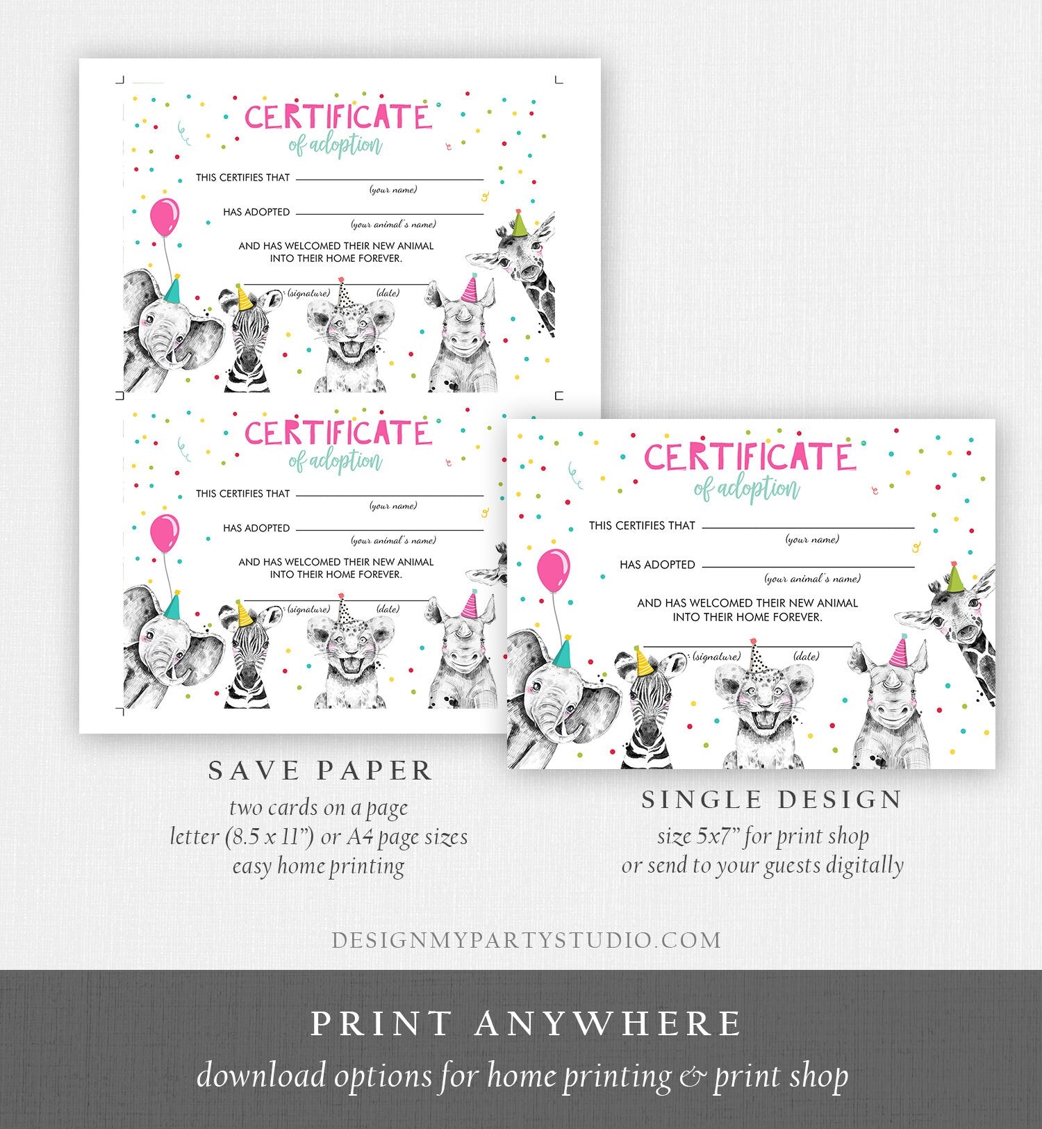 Adopt an Animal Adoption Certificate Safari Animals Adoption Wild One Birthday Party Animals Birthday Girl Download Digital PRINTABLE 0390