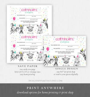 Adopt an Animal Adoption Certificate Safari Animals Adoption Wild One Birthday Party Animals Birthday Girl Download Digital PRINTABLE 0390