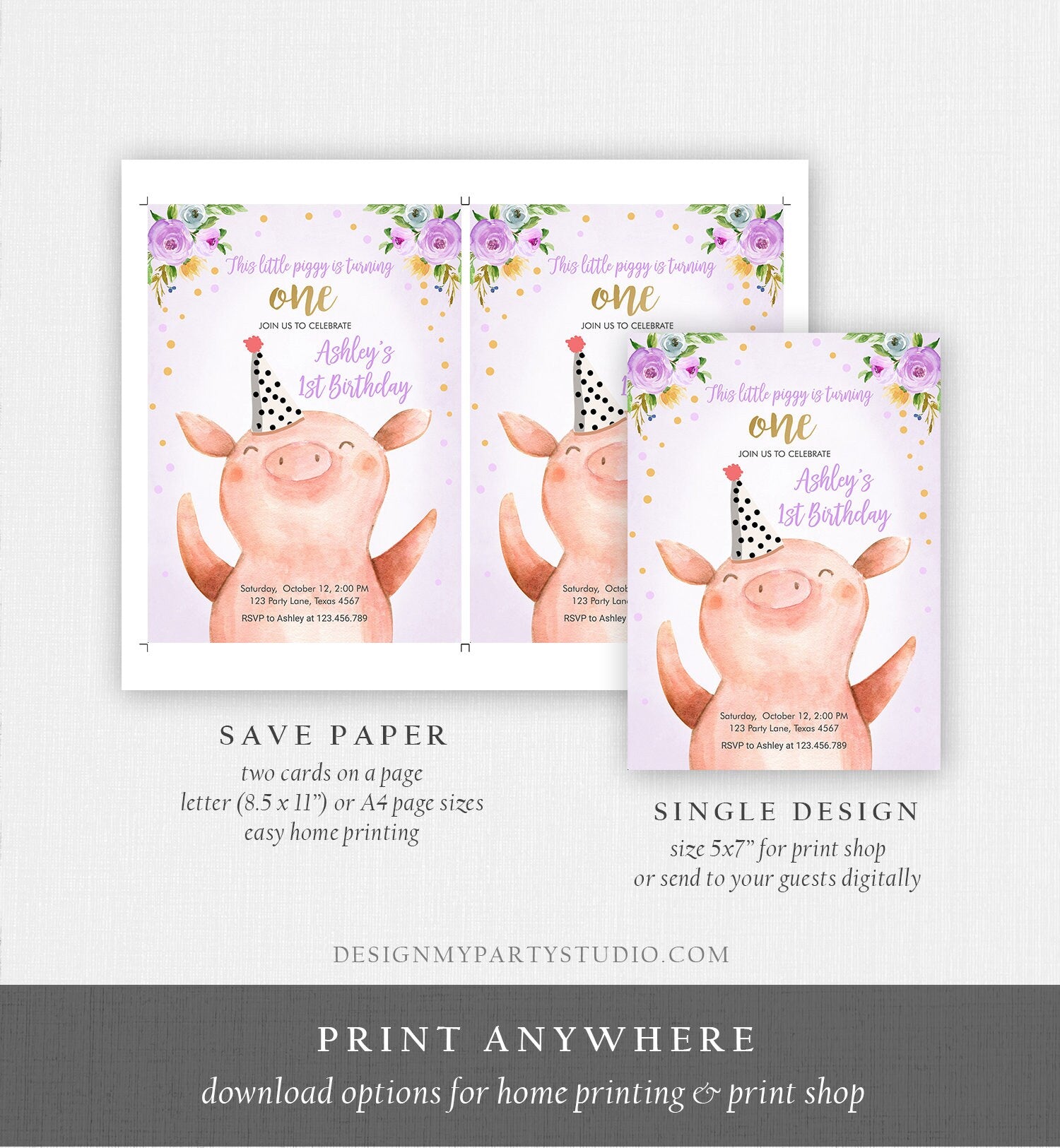 Editable Pig Birthday Invitation Girl Farm Animals Purple Floral Barnyard Party Download Printable Invitation Template Corjl Digital 0188