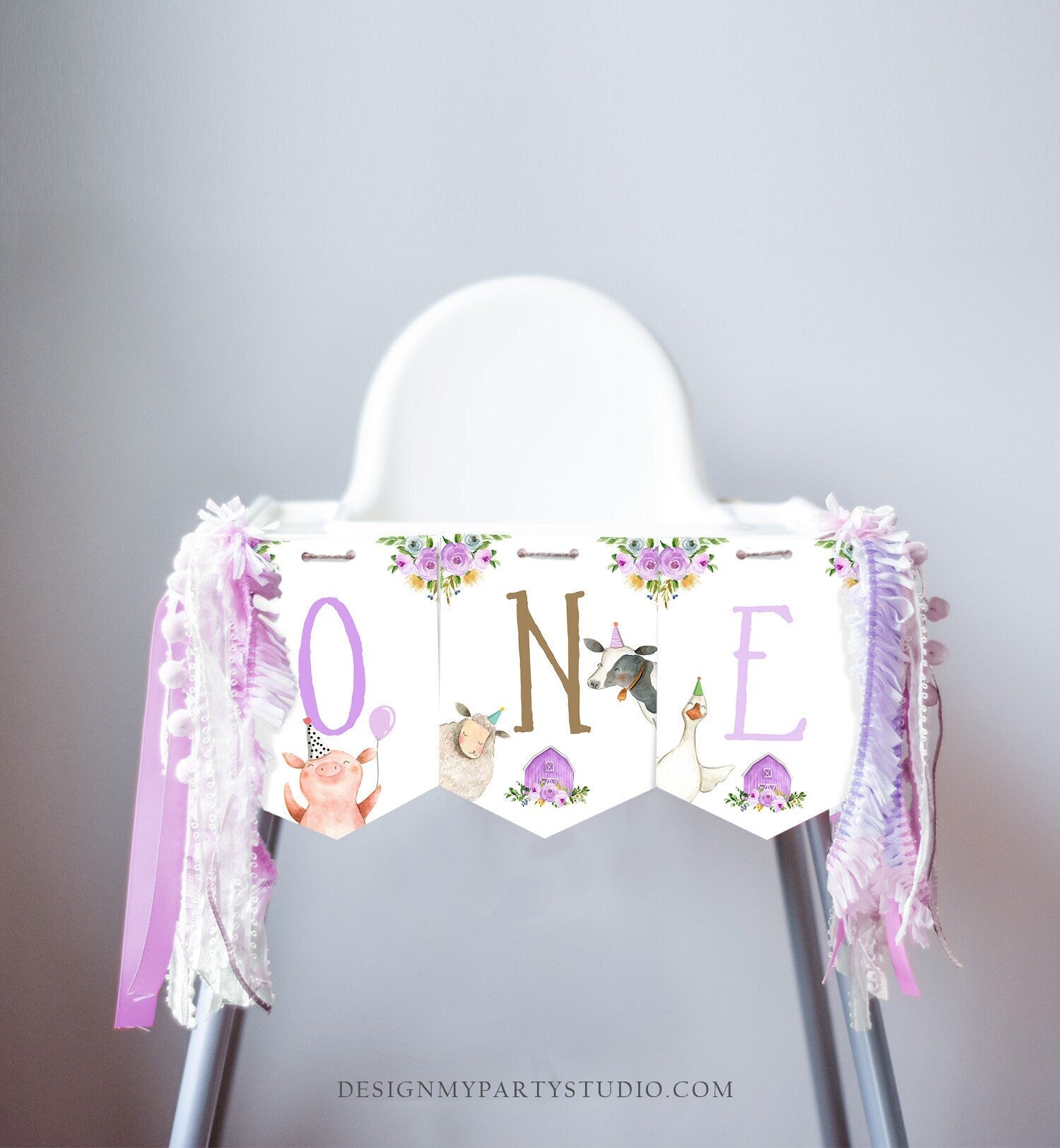 Girl Farm High Chair Banner Purple Farm 1st Birthday Banner High Chair One Banner Farm Animals Birthday Decorations Digital PRINTABLE 0155