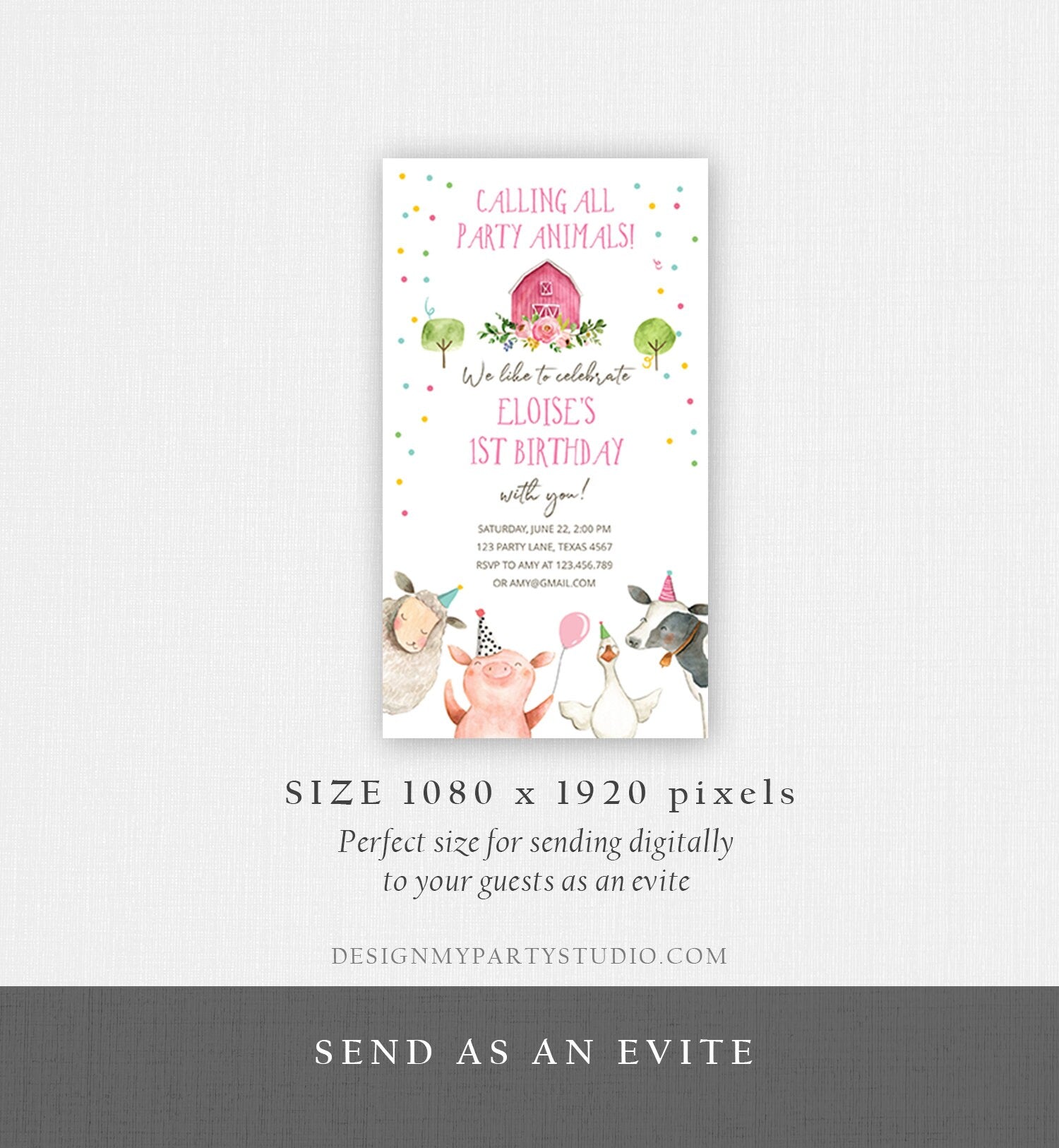 Editable Farm Animals Birthday Evite Girl Farm Pink Floral Barnyard All Party Animals Barn Pink Digital Download Phone Template 0155