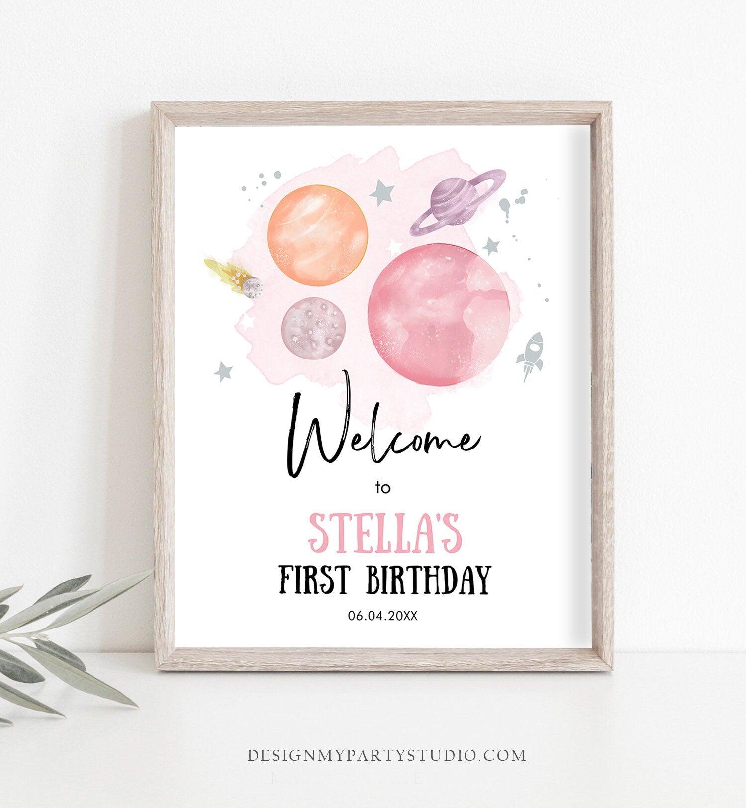 Editable Outer Space Birthday Welcome Sign 1st Birthday Girl Pink Orange Galaxy Planets Trip Around the Sun Template PRINTABLE Corjl 0357