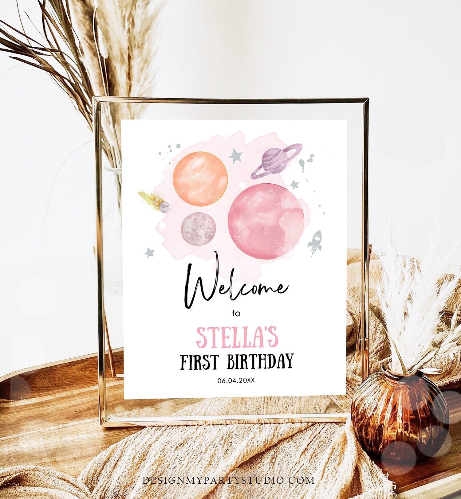 Editable Outer Space Birthday Welcome Sign 1st Birthday Girl Pink Orange Galaxy Planets Trip Around the Sun Template PRINTABLE Corjl 0357