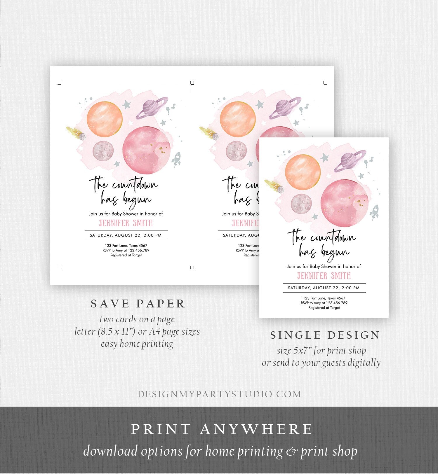 Editable Space Baby Shower Invitation Galaxy Outer Space Orange Girl Pink Planets Moon Countdown Invite Template Instant Download Corjl 0357