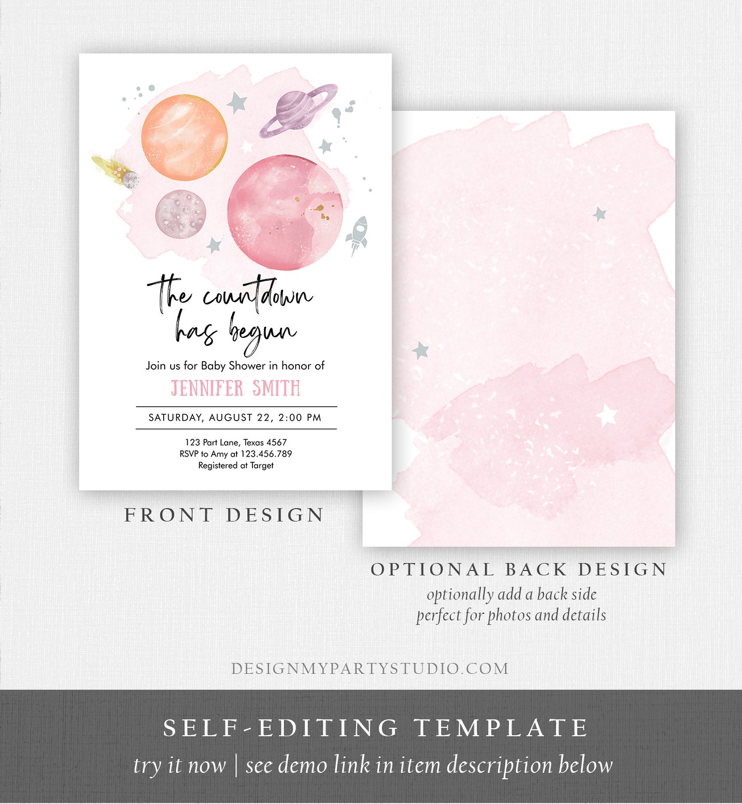 Editable Space Baby Shower Invitation Galaxy Outer Space Orange Girl Pink Planets Moon Countdown Invite Template Instant Download Corjl 0357