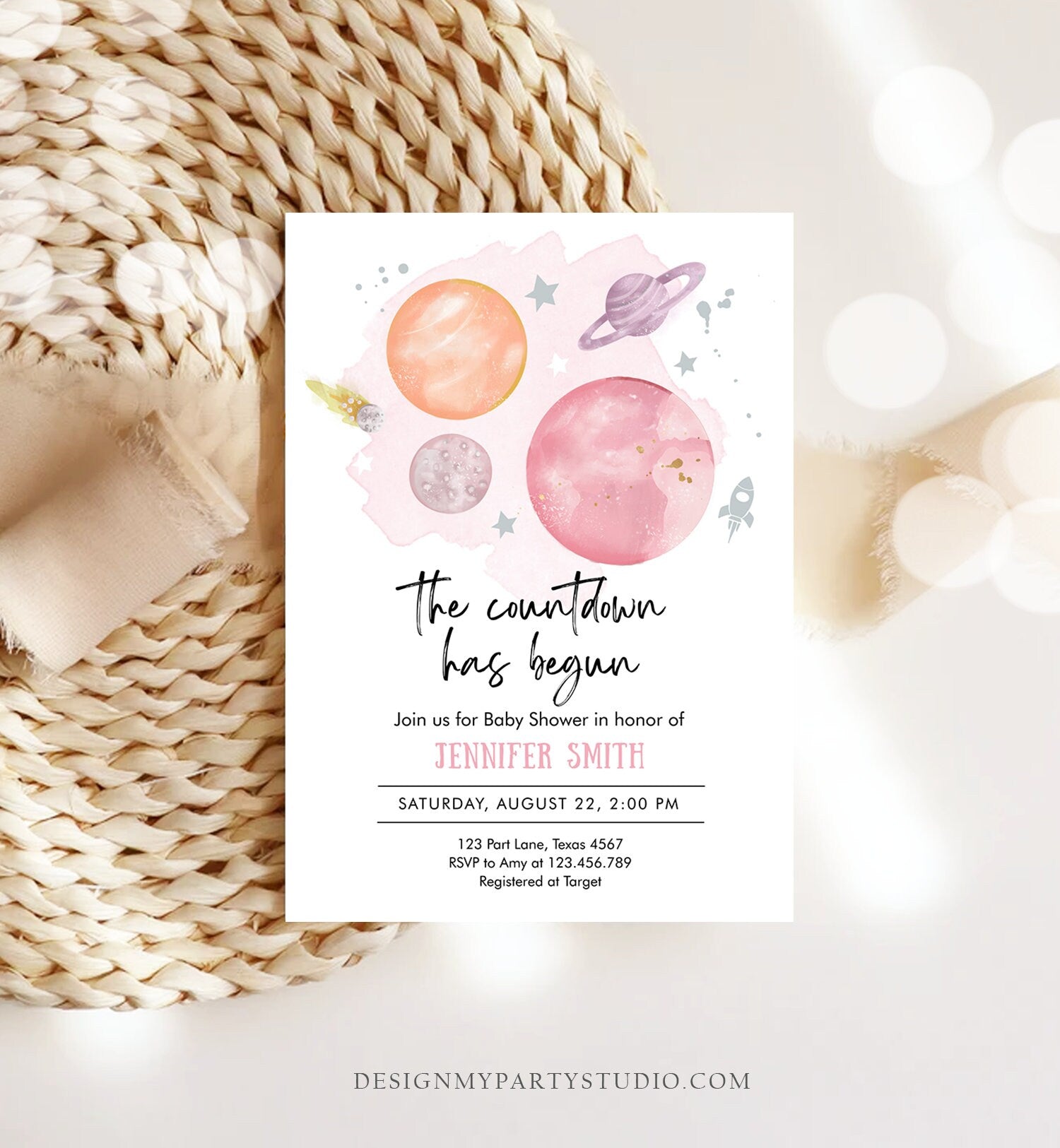 Editable Space Baby Shower Invitation Galaxy Outer Space Orange Girl Pink Planets Moon Countdown Invite Template Instant Download Corjl 0357