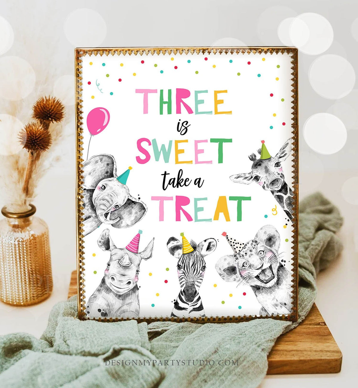 Three is Sweet Take a Treat Birthday Sign Party Animals Decor Safari Wild and Three Animals Girl Table Sign Zoo Party Digital Printable 0390