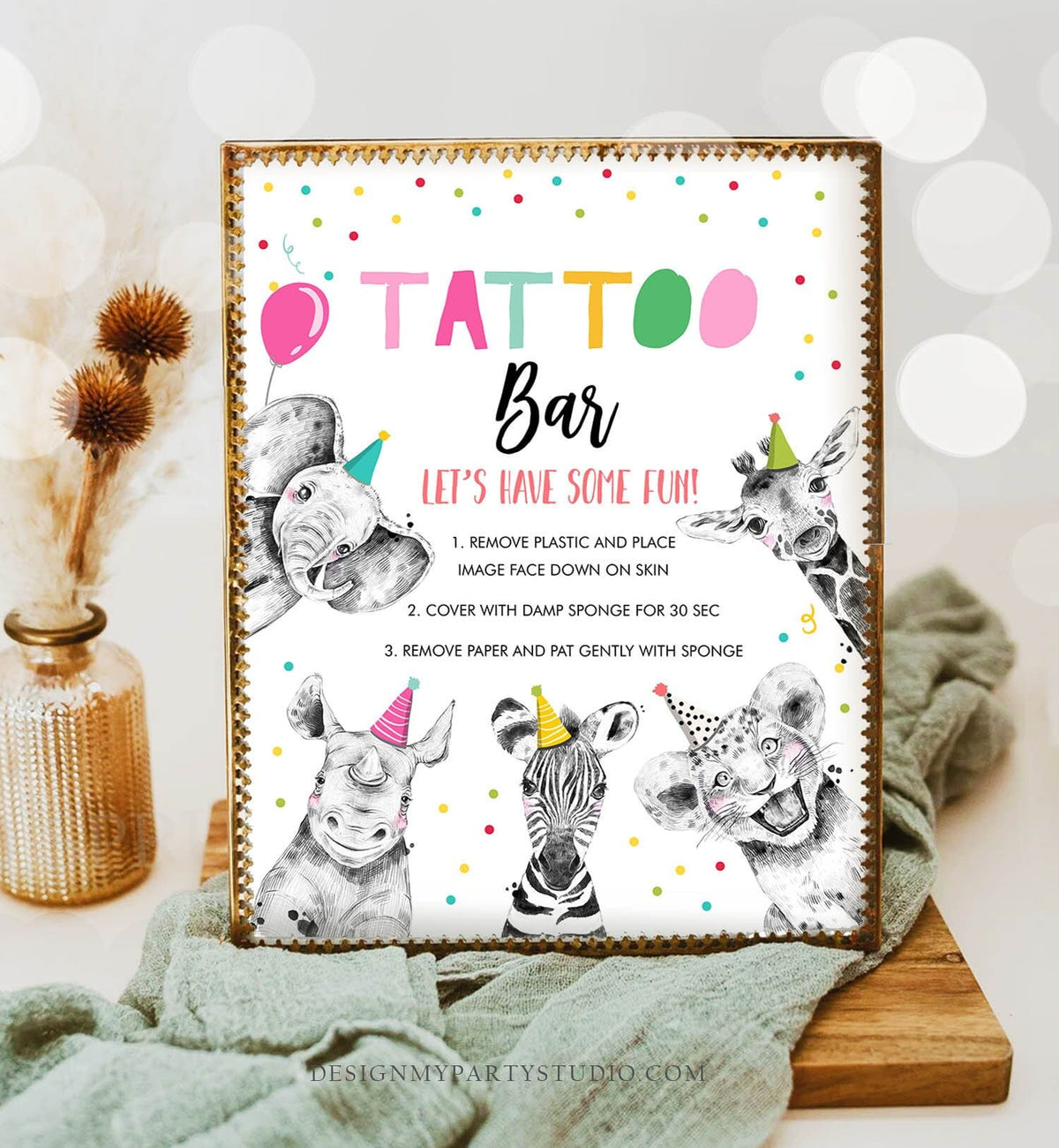 Tattoo Bar Sign Party Animals Birthday Sign Safari Animals Decor Girl Birthday Wild One Animals Table Zoo Party Jungle Printable 0390