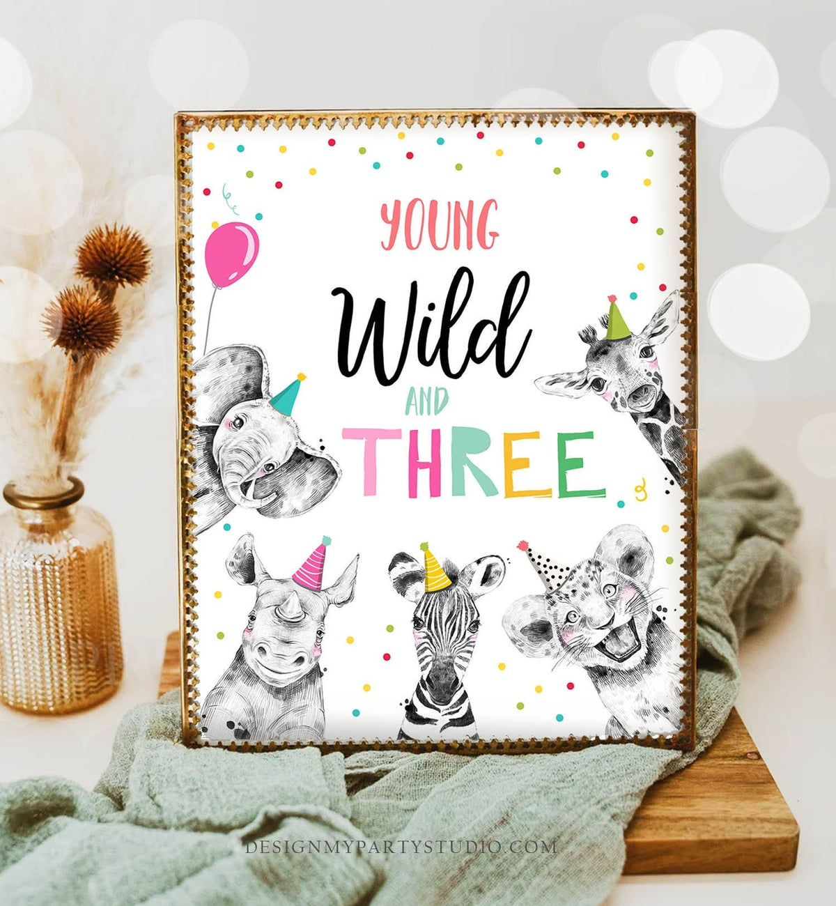 Young Wild and Three Birthday Sign Party Third Birthday 3rd Safari Animals Party Animals Zoo Girl Pink Decor Download Printable 0390