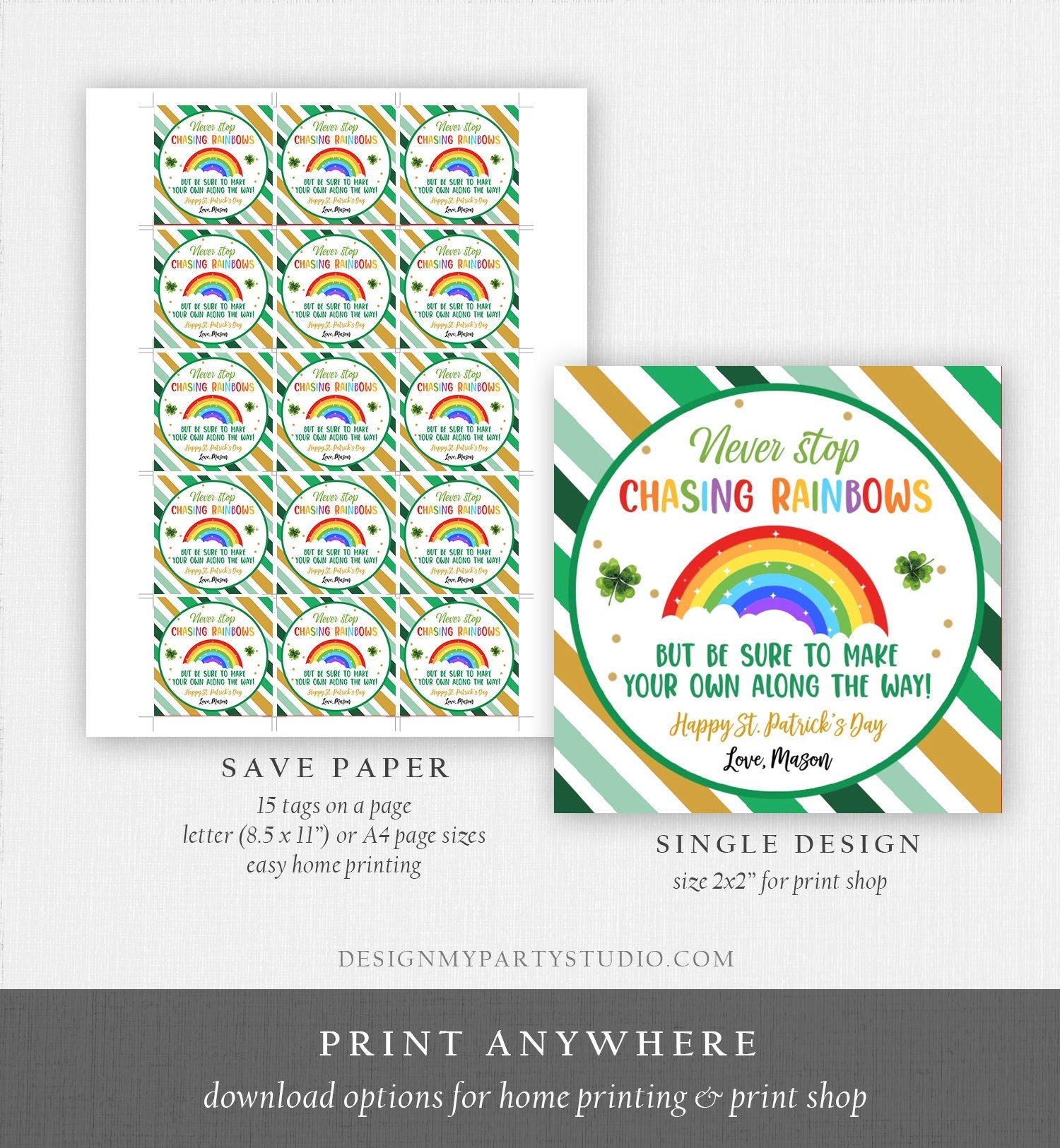 Editable Chasing Rainbows Tag St Patrick's Day Favor Tags Glassroom Gift Kids Crayons Pot of Gold Shamrock Leprechaun Template Corjl 0451