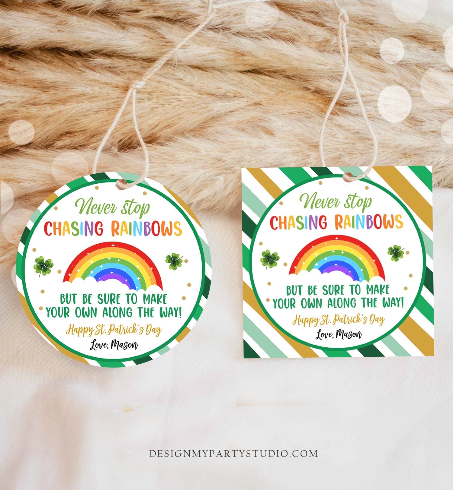 Editable Chasing Rainbows Tag St Patrick's Day Favor Tags Glassroom Gift Kids Crayons Pot of Gold Shamrock Leprechaun Template Corjl 0451