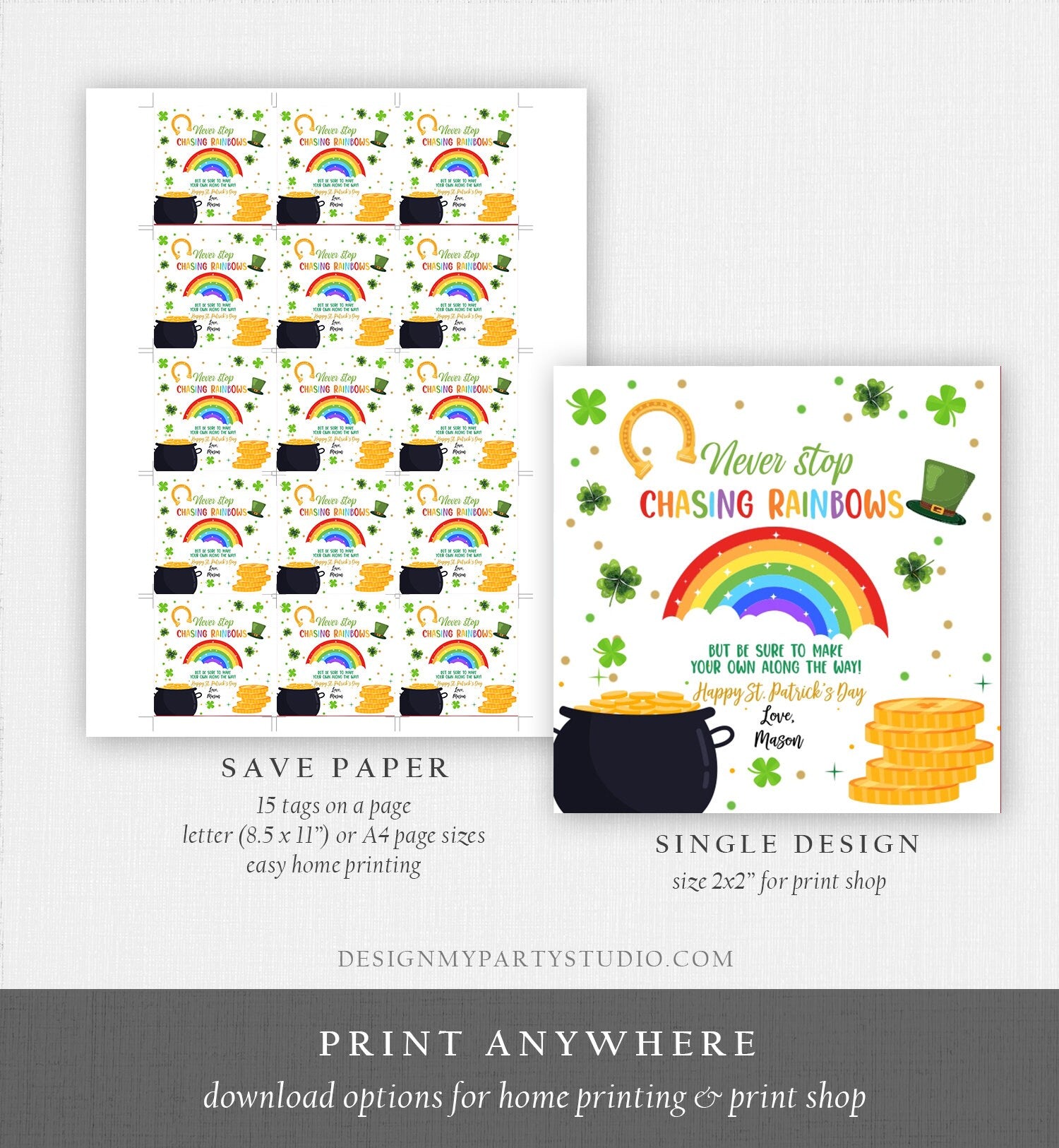 Editable Chasing Rainbows Tag St Patrick's Day Favor Tags Glassroom Gift Kids Crayons Pot of Gold Shamrock Leprechaun Template Corjl 0451