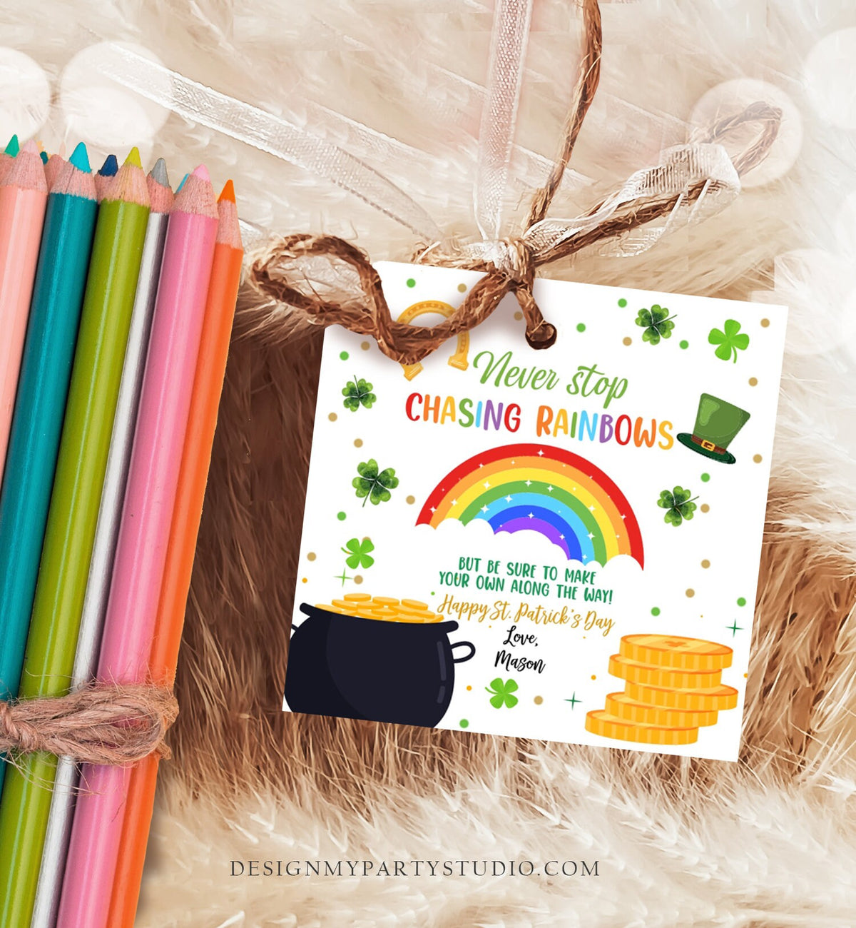 Editable Chasing Rainbows Tag St Patrick&#39;s Day Favor Tags Glassroom Gift Kids Crayons Pot of Gold Shamrock Leprechaun Template Corjl 0451