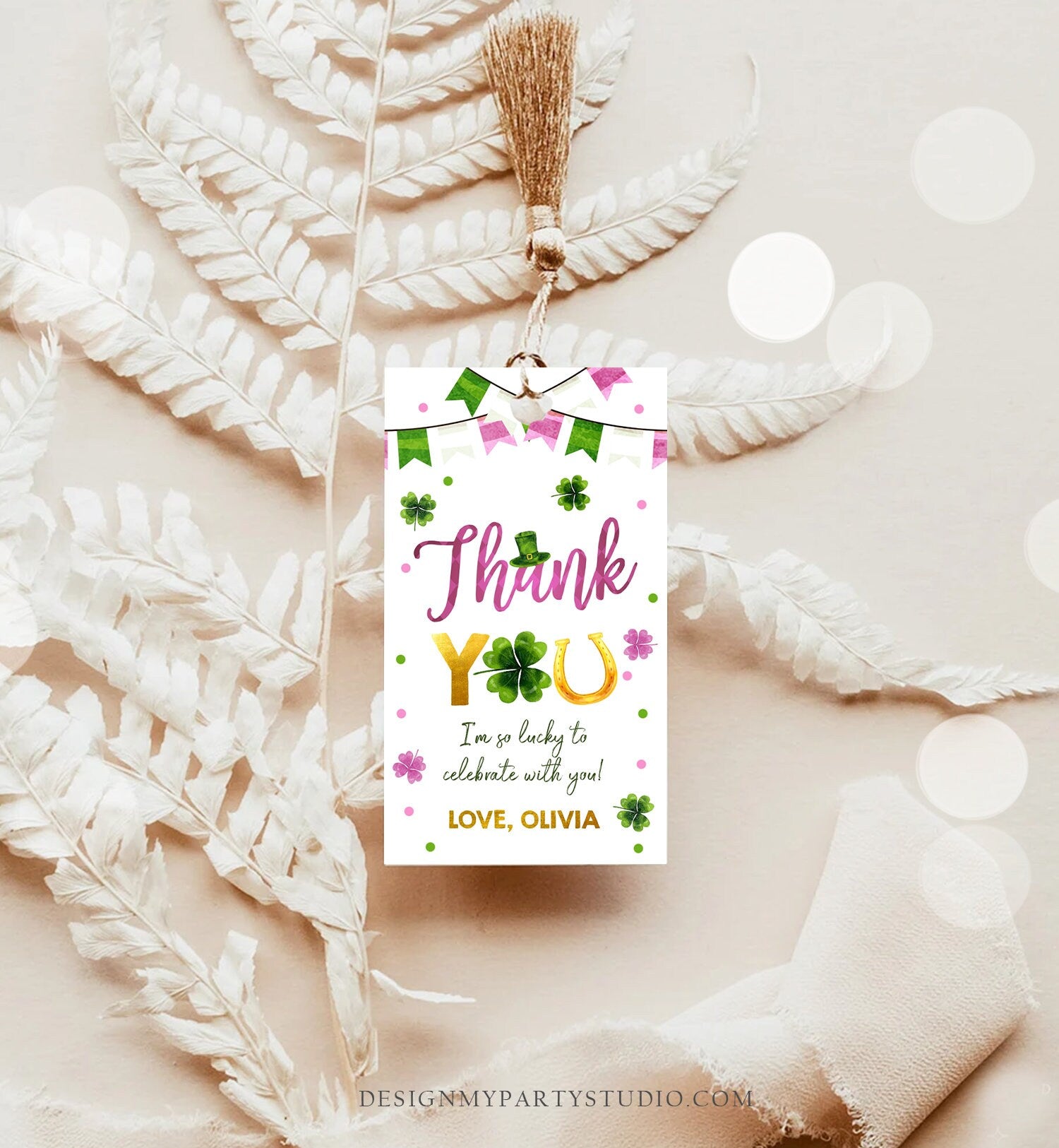 Editable St Patrick's Day Thank You Favor Tag Lucky One Horseshoe Girl Pink Gold Clover Shamrock Birthday Party Corjl Template 0451 0379