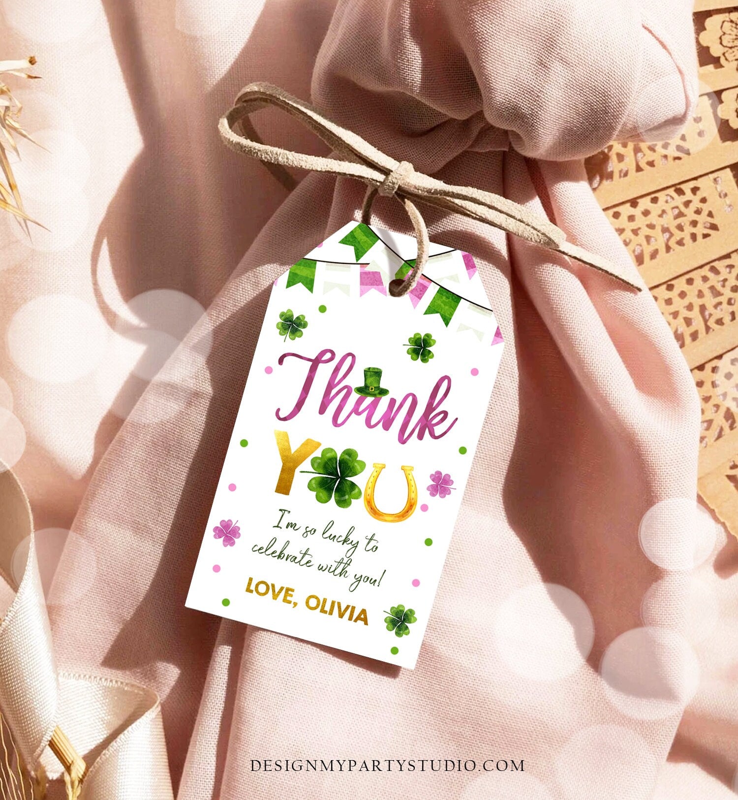 Editable St Patrick's Day Thank You Favor Tag Lucky One Horseshoe Girl Pink Gold Clover Shamrock Birthday Party Corjl Template 0451 0379