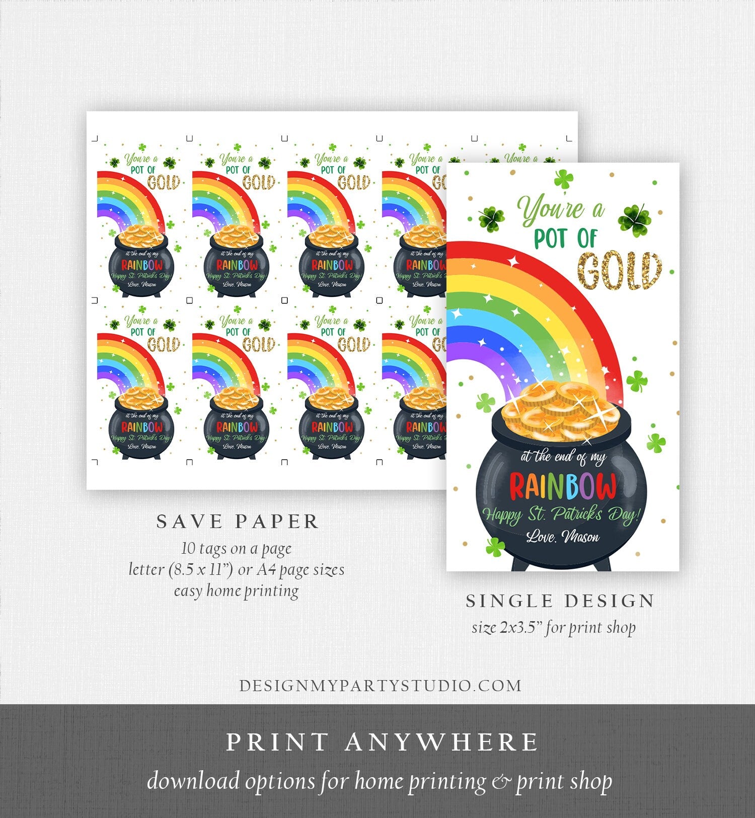 Editable St. Patrick's Day Tag Pot of Gold Favor Tags Glassroom Gift Kids Rainbow Party Favors Gift Friend Class Treats Template Corjl 0451