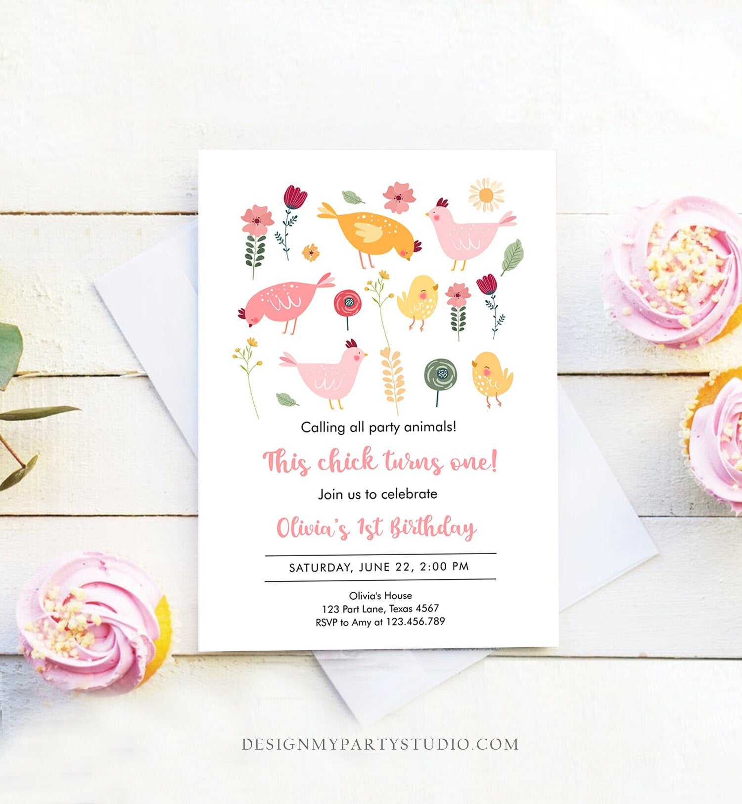 Editable Little Chick Birthday Invitation Girl Spring Birthday Party Farm Barnyard Chicken Easter Download Corjl Template Printable 0446