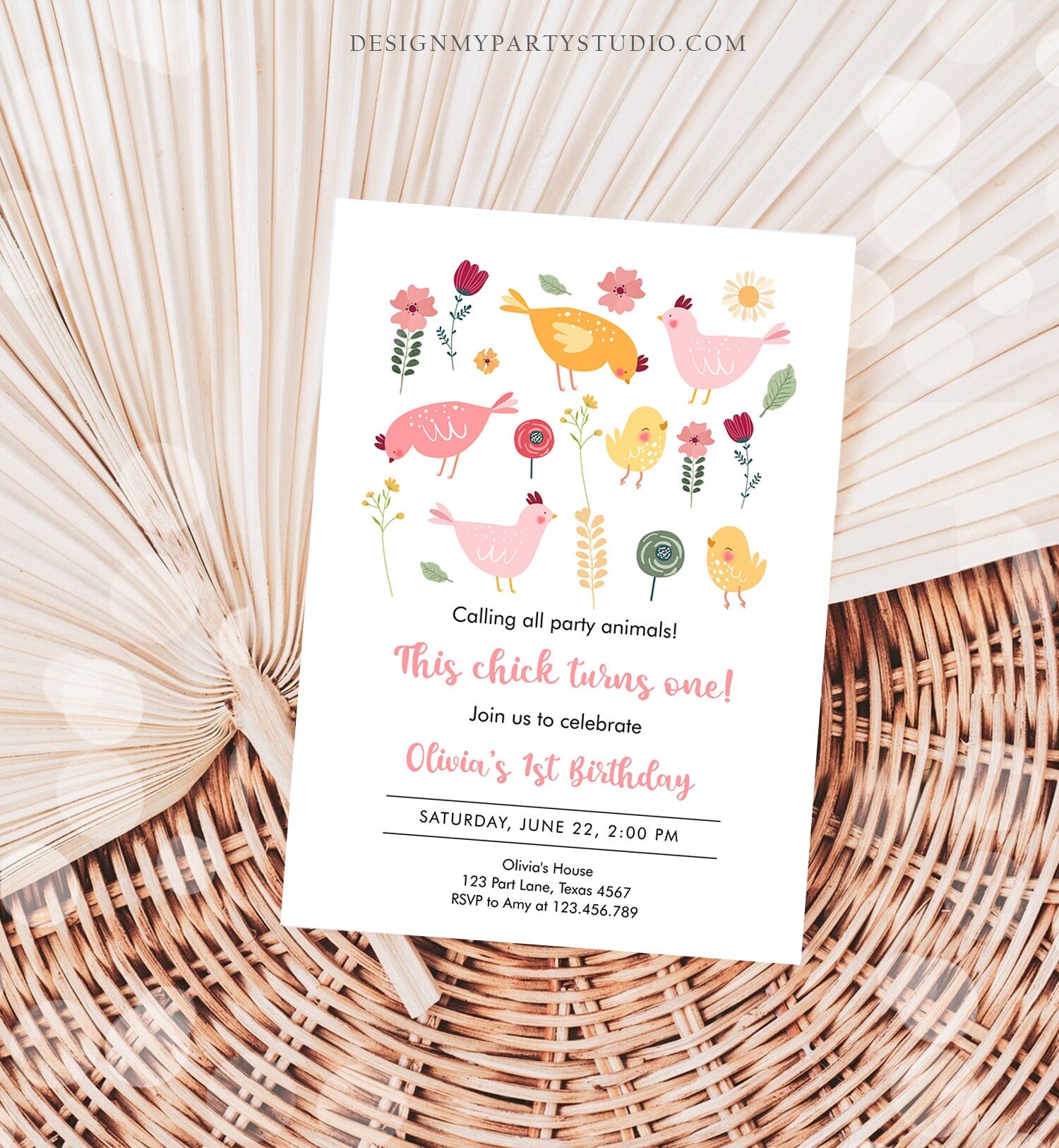 Editable Little Chick Birthday Invitation Girl Spring Birthday Party Farm Barnyard Chicken Easter Download Corjl Template Printable 0446