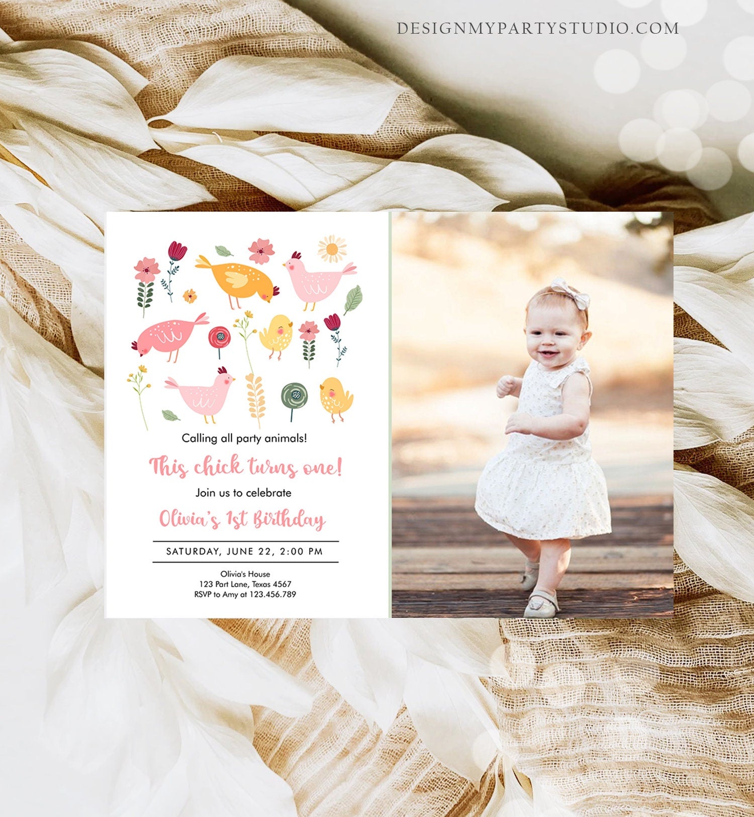 Editable Little Chick Birthday Invitation Girl Spring Birthday Party Farm Barnyard Chicken Easter Download Corjl Template Printable 0446