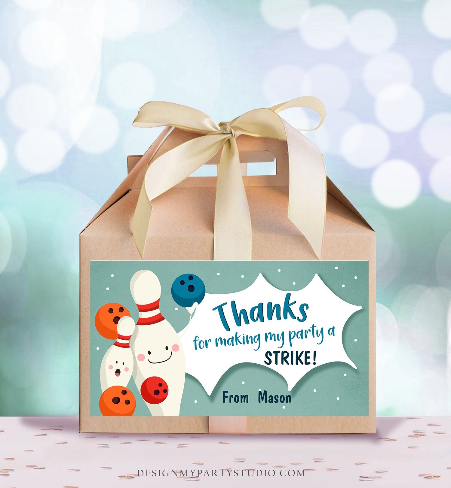 Editable Bowling Gable Box Favor Label Bowling Birthday Party Favor Box Label Boy Thank you Strike Digital Download Printable Instant 0324