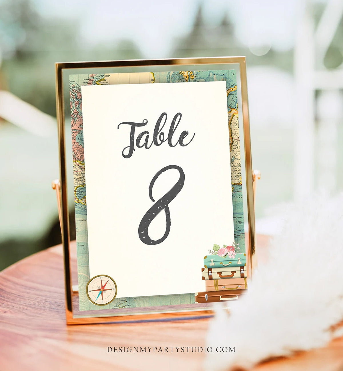 Editable Travel Adventure Table Number Bridal Shower Wedding Traveling to Mrs Travel Suitcase Vintage Floral Printable Template Corjl 0044