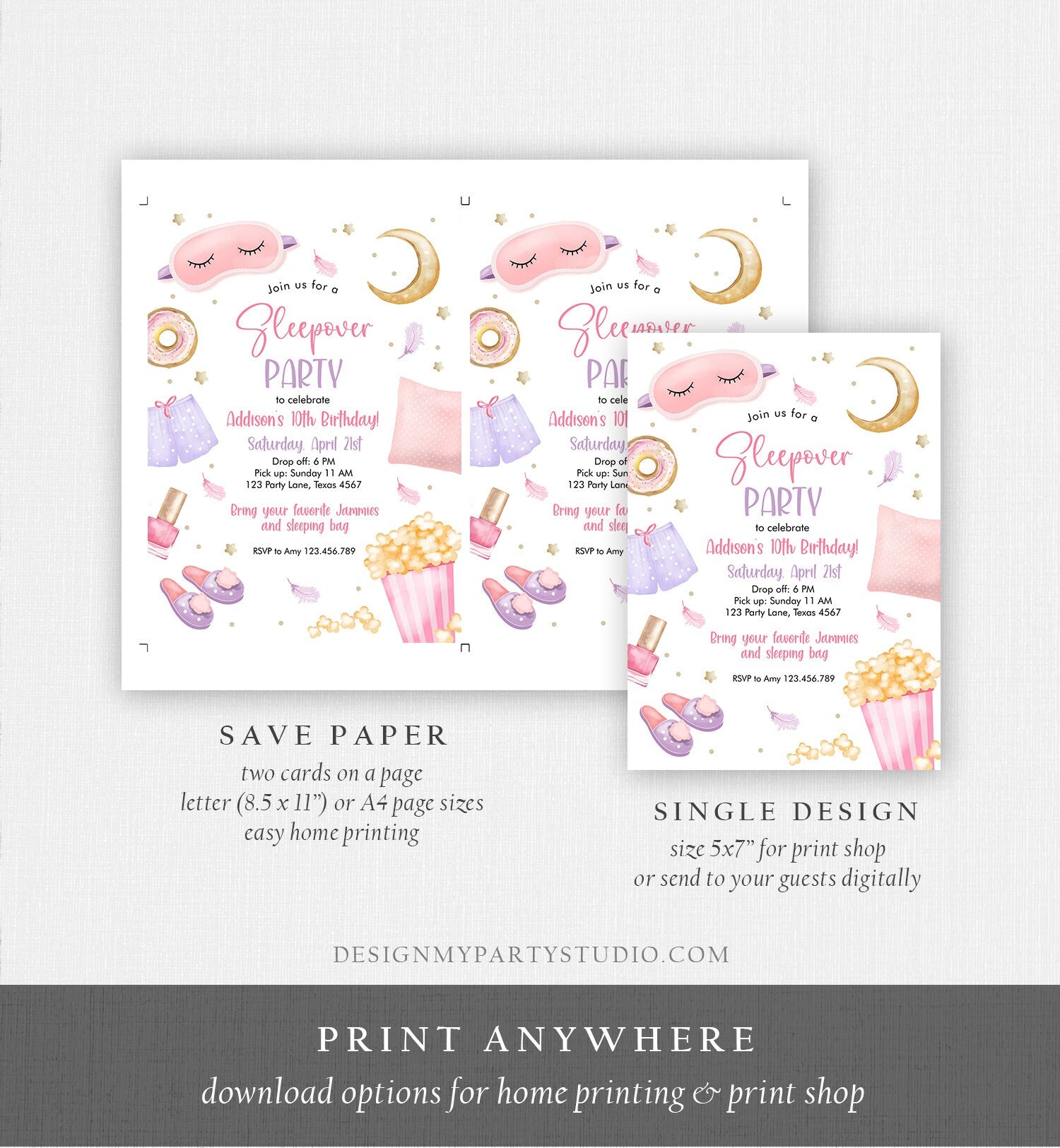 Editable Slumber Party Birthday Invitation Sleepover Birthday Invite Pink Girl Spa Tween Teen Digital Download Printable Template Corjl 0447