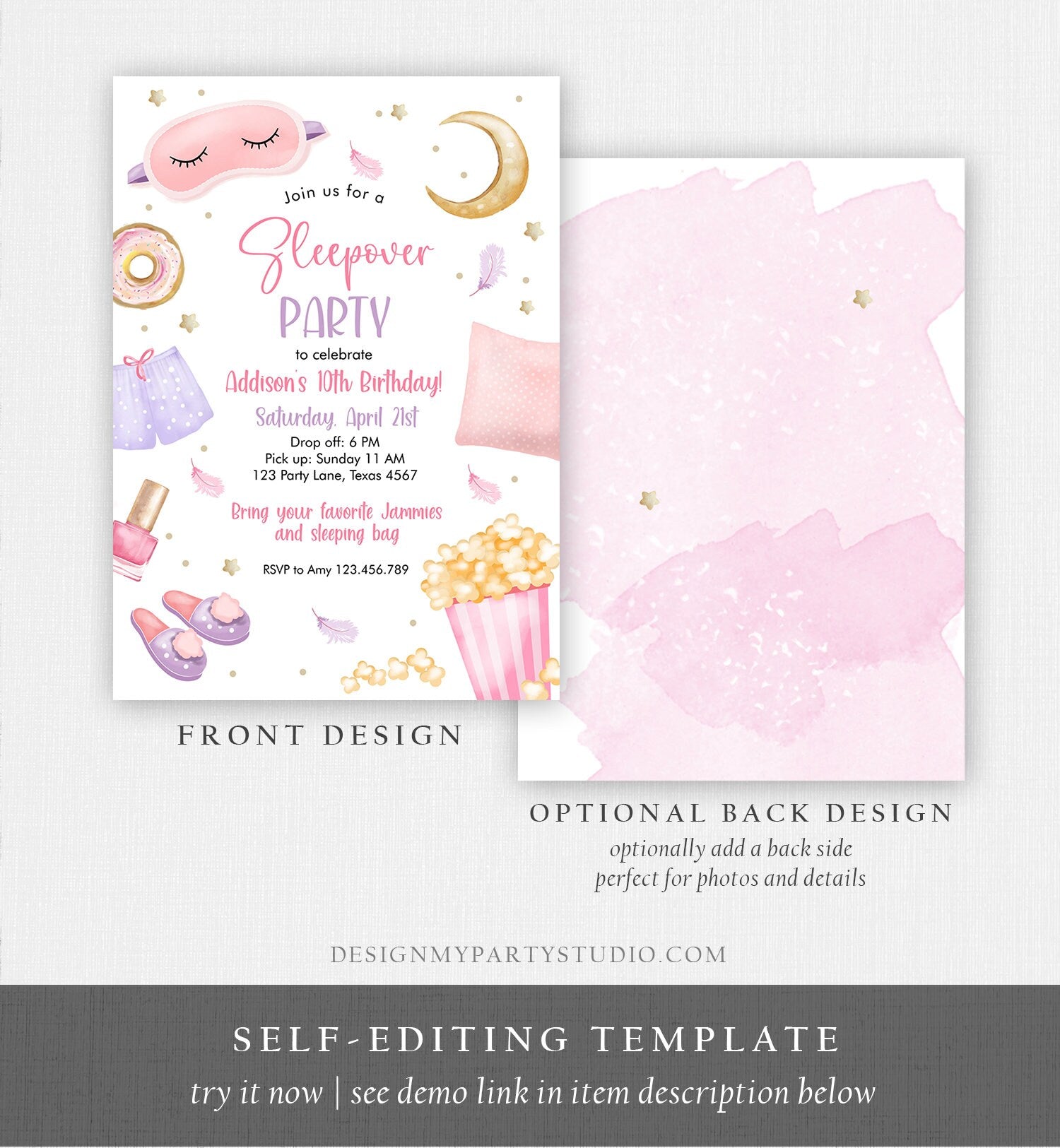 Editable Slumber Party Birthday Invitation Sleepover Birthday Invite Pink Girl Spa Tween Teen Digital Download Printable Template Corjl 0447