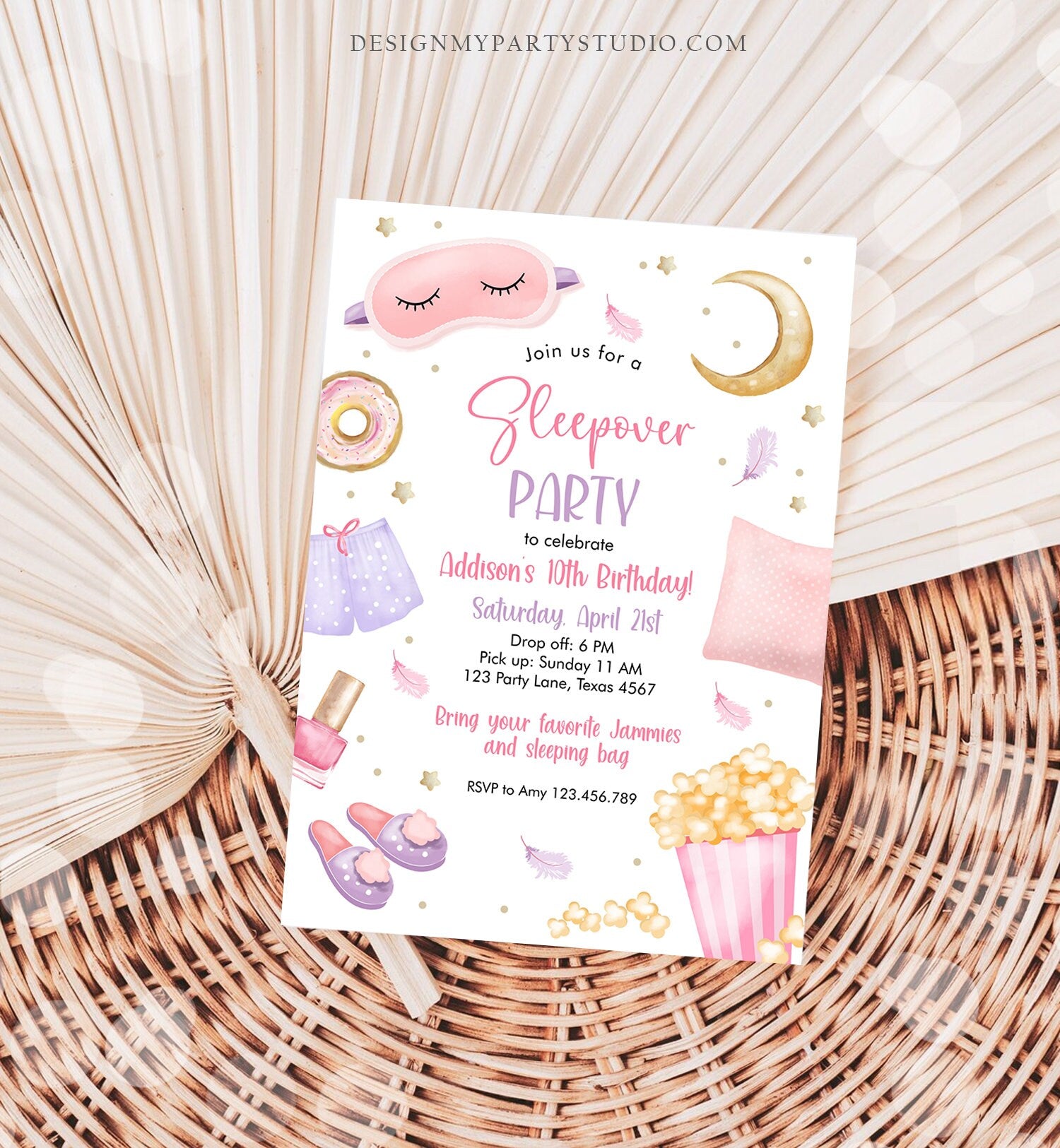 Editable Slumber Party Birthday Invitation Sleepover Birthday Invite Pink Girl Spa Tween Teen Digital Download Printable Template Corjl 0447