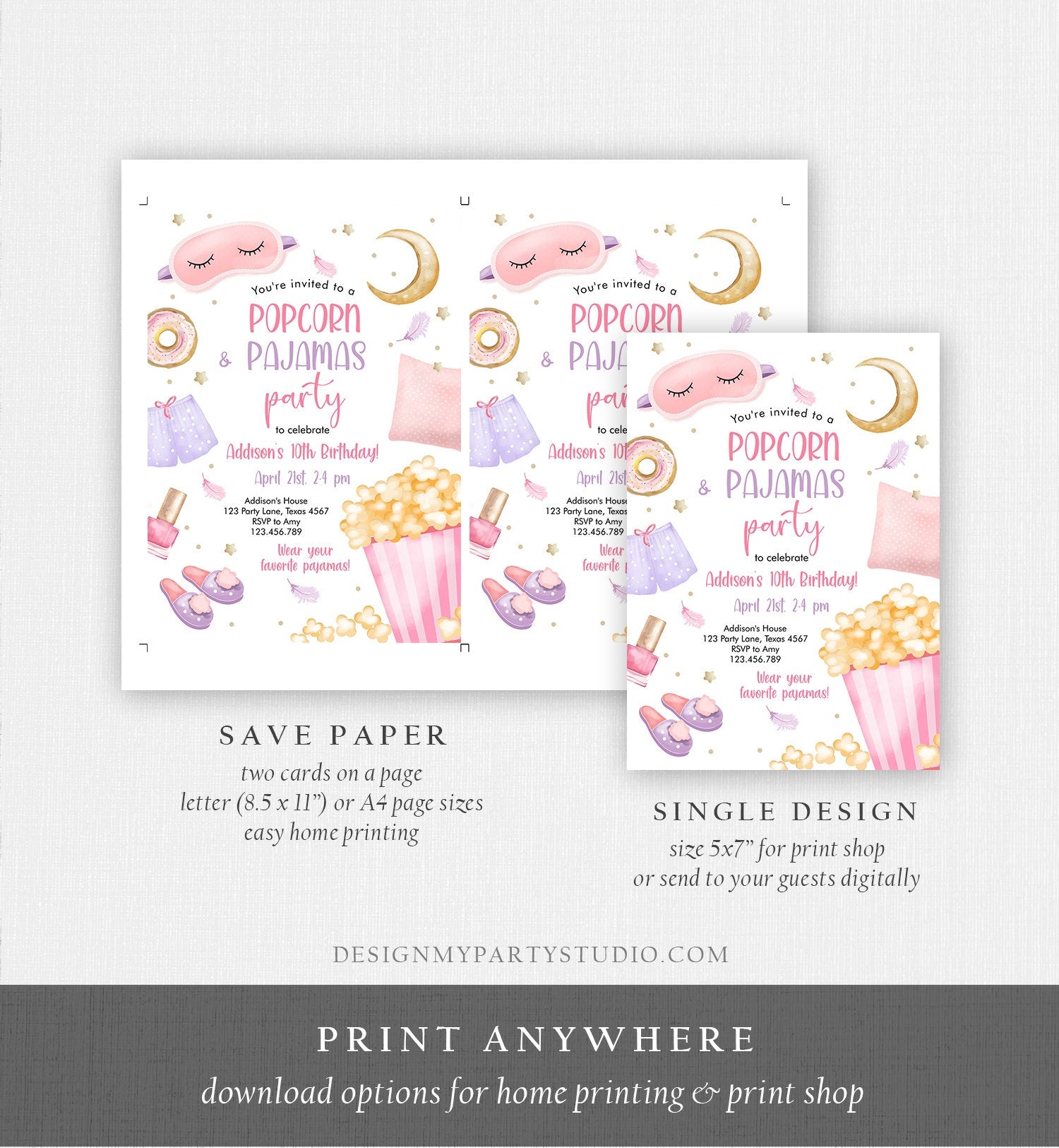 Editable Popcorn and Pajamas Birthday Invitation Movie Night Party Girl Pink Teen Tween Slumber Party Digital Corjl Template Printable 0447